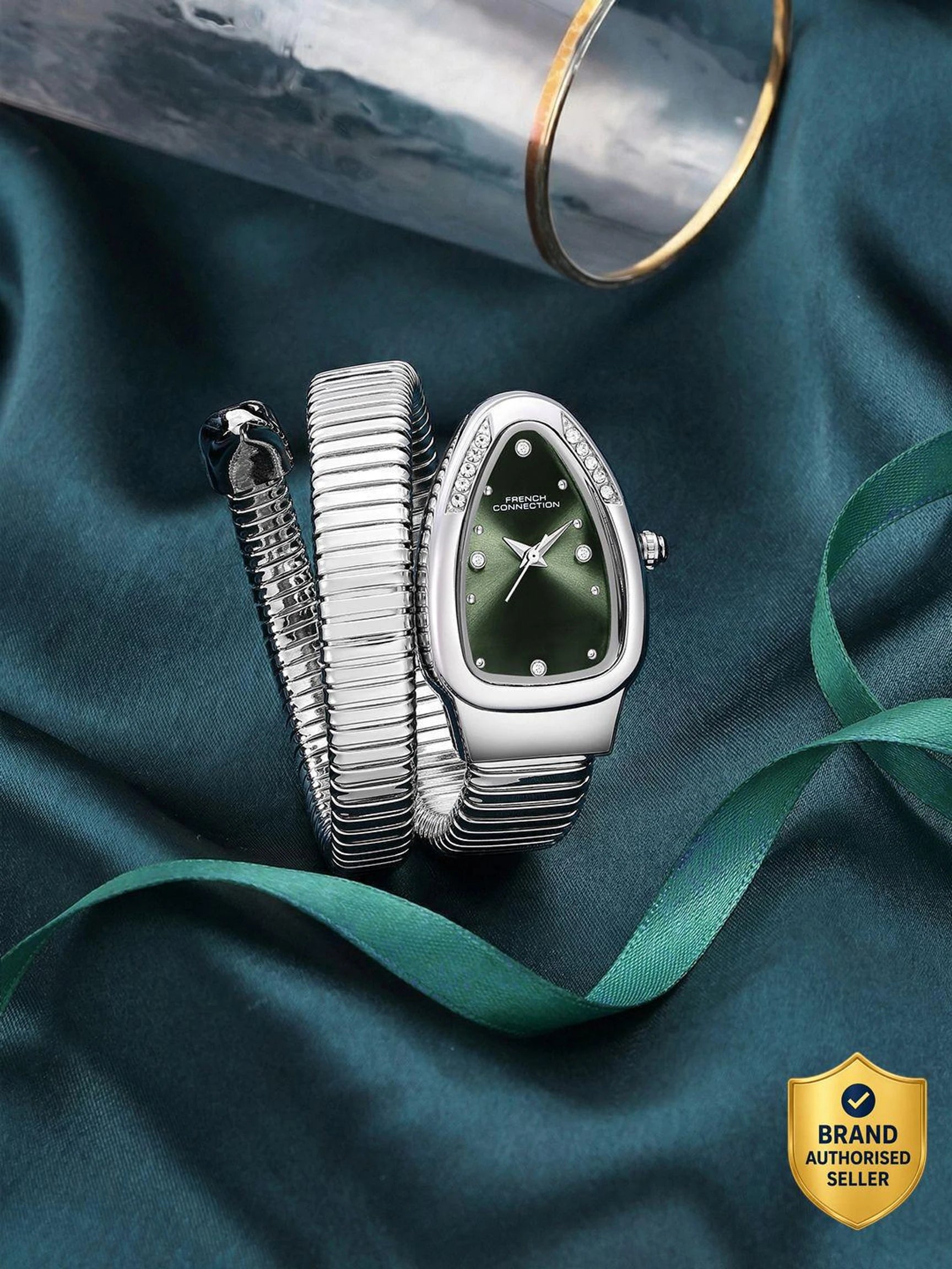French Connection The Mystic Curve Women's Silver Watch | Rhinestones Green Sunray Dial Analog Watch – For Women FCN0110NSM
