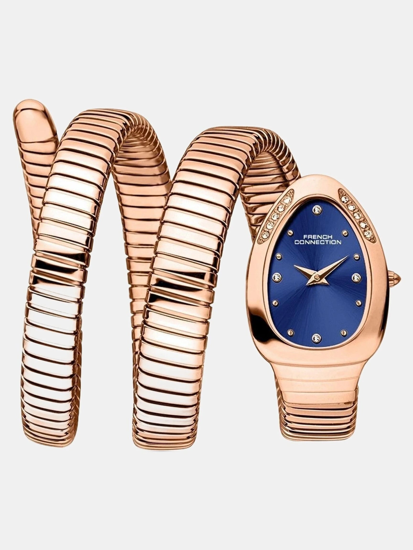 French Connection The Mystic Curve Women's Rose Gold Watch | Rhinestones Blue Sunray Dial Analog Watch – For Women FCN0110RGM