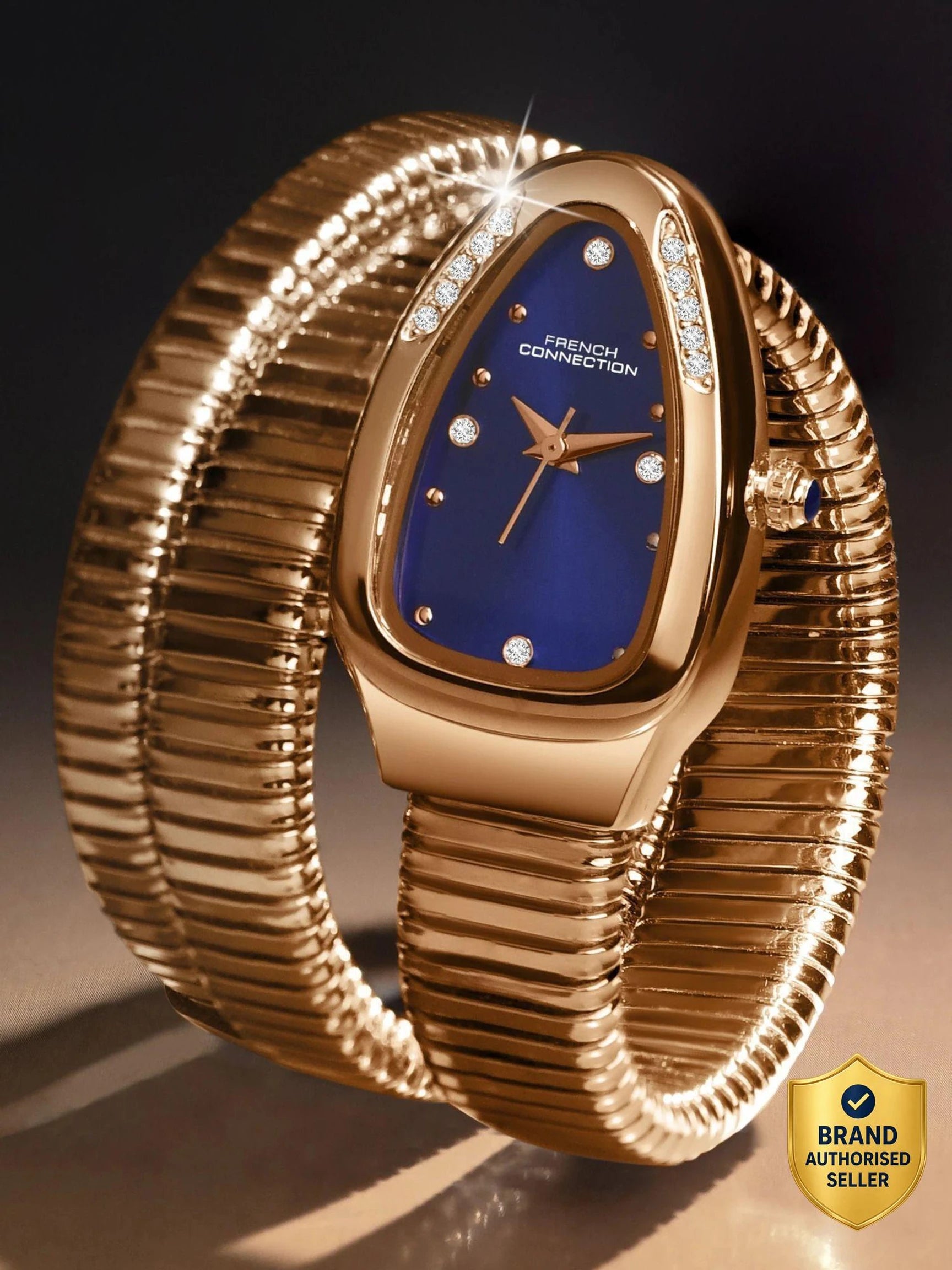 French Connection The Mystic Curve Women's Rose Gold Watch | Rhinestones Blue Sunray Dial Analog Watch – For Women FCN0110RGM