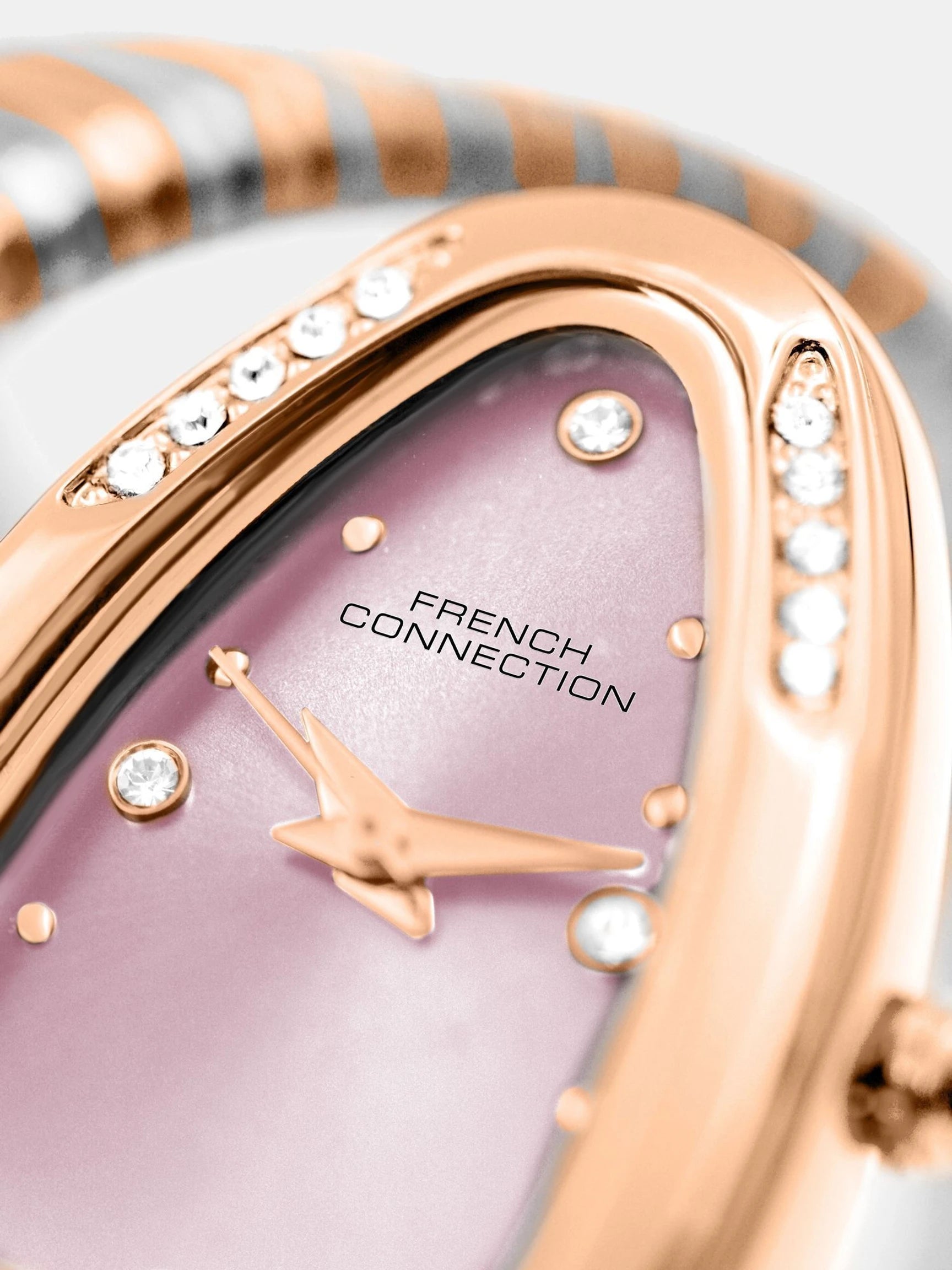 French Connection The Mystic Curve Women's Rose Gold Watch | Rhinestones Pink Sunray Dial Analog Watch – For Women FCN0110RTM