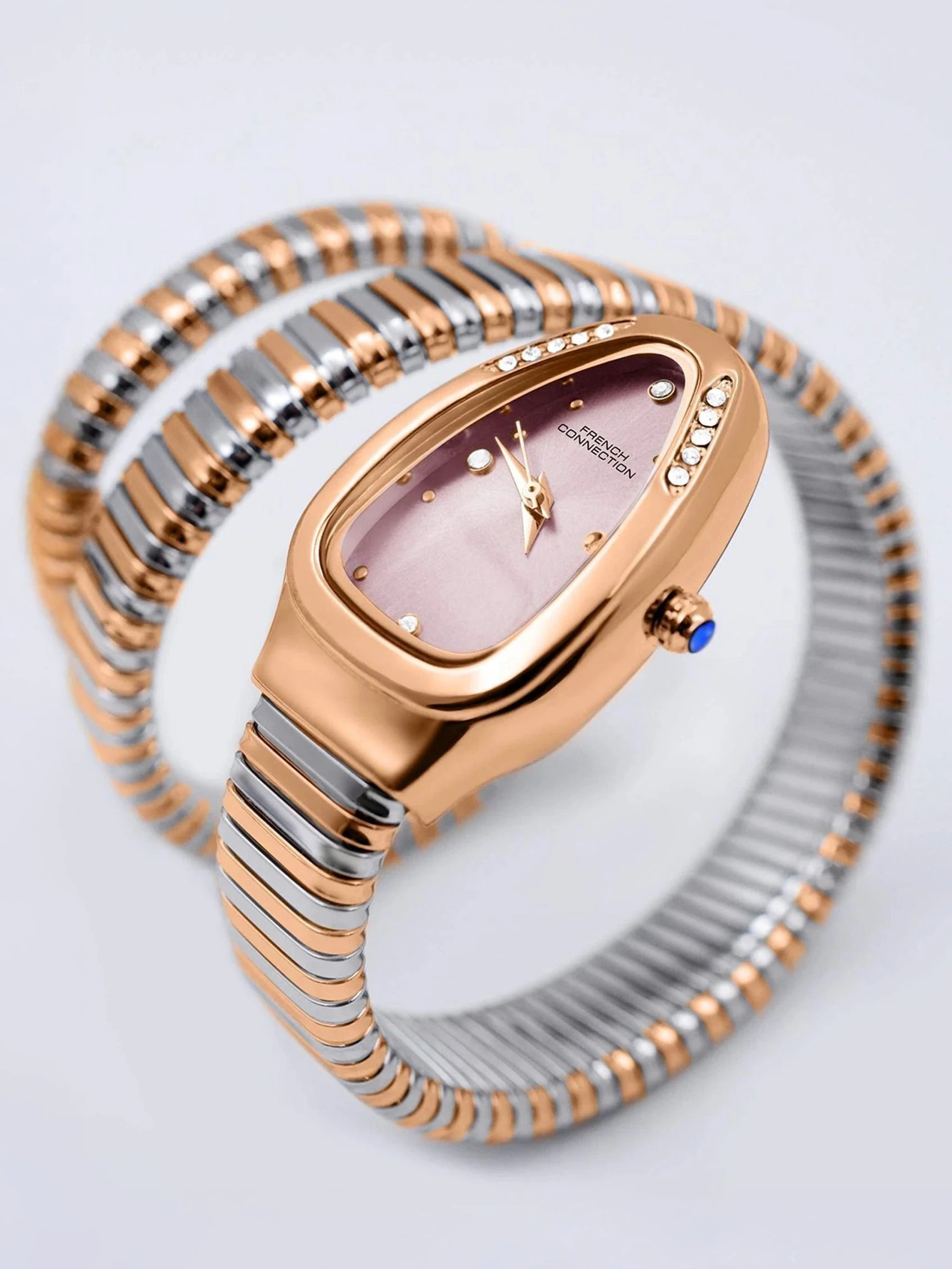 French Connection The Mystic Curve Women's Rose Gold Watch | Rhinestones Pink Sunray Dial Analog Watch – For Women FCN0110RTM