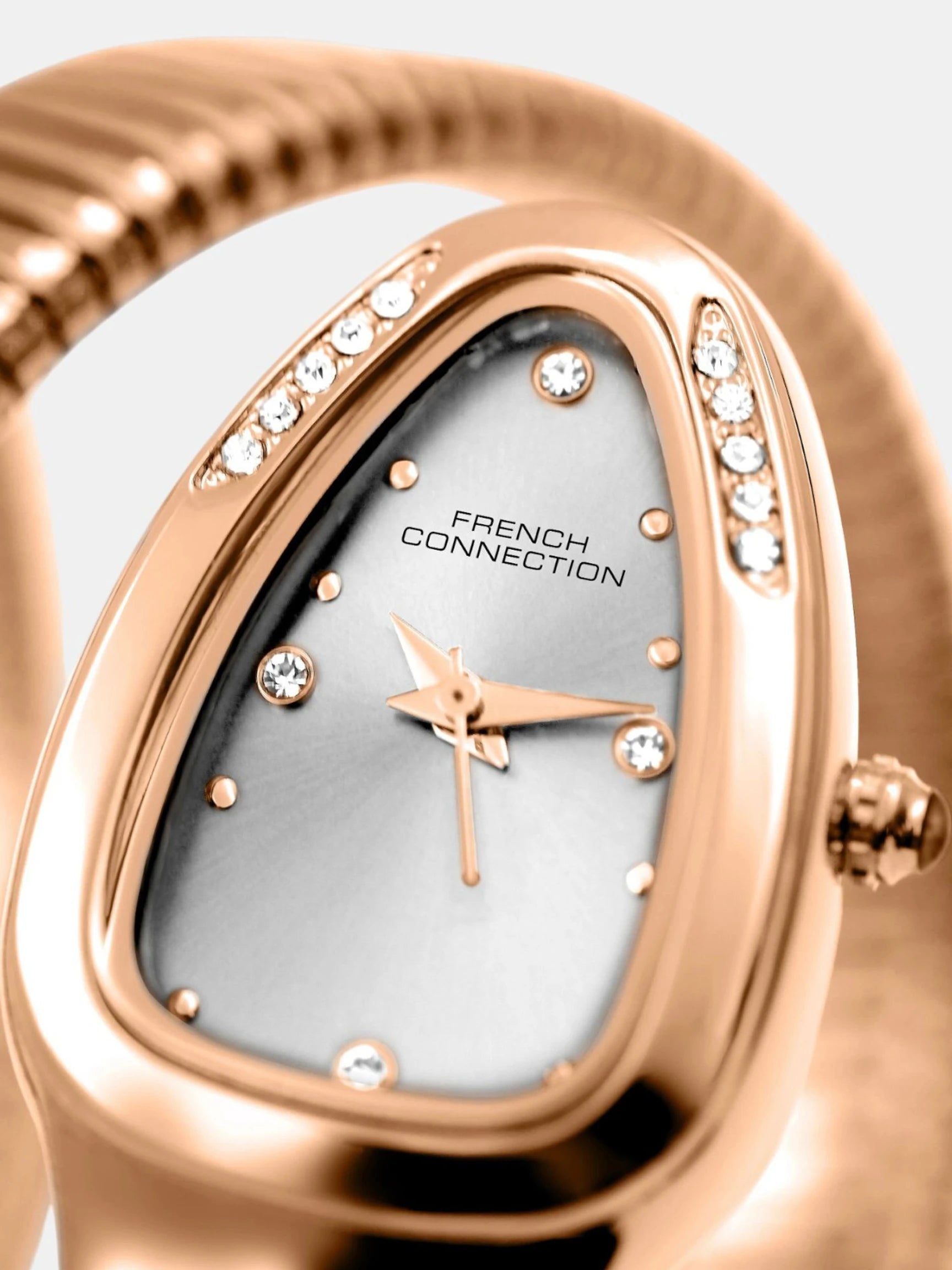 French Connection The Mystic Curve Women's Rose Gold Watch | Rhinestones Silver Sunray Dial Analog Watch – For Women FCN0110SRGM