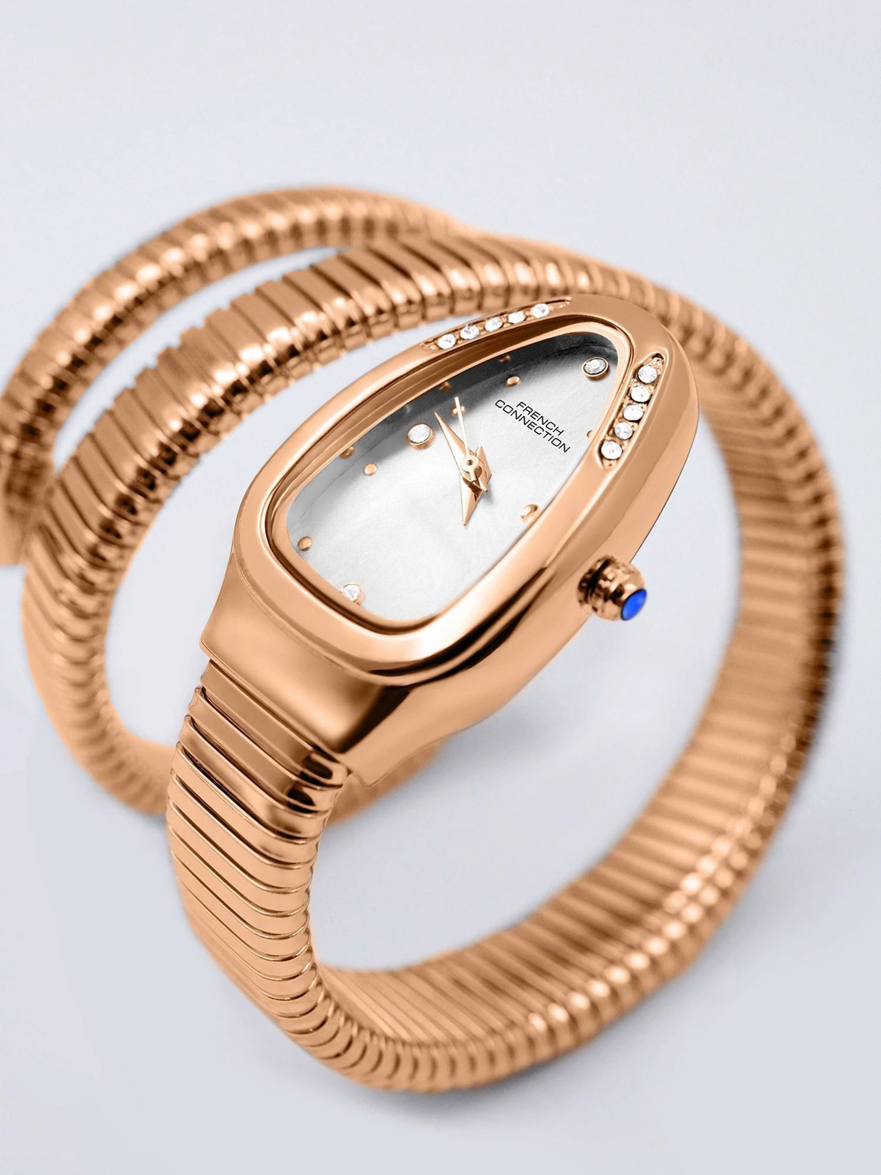 French Connection The Mystic Curve Women's Rose Gold Watch | Rhinestones Silver Sunray Dial Analog Watch – For Women FCN0110SRGM