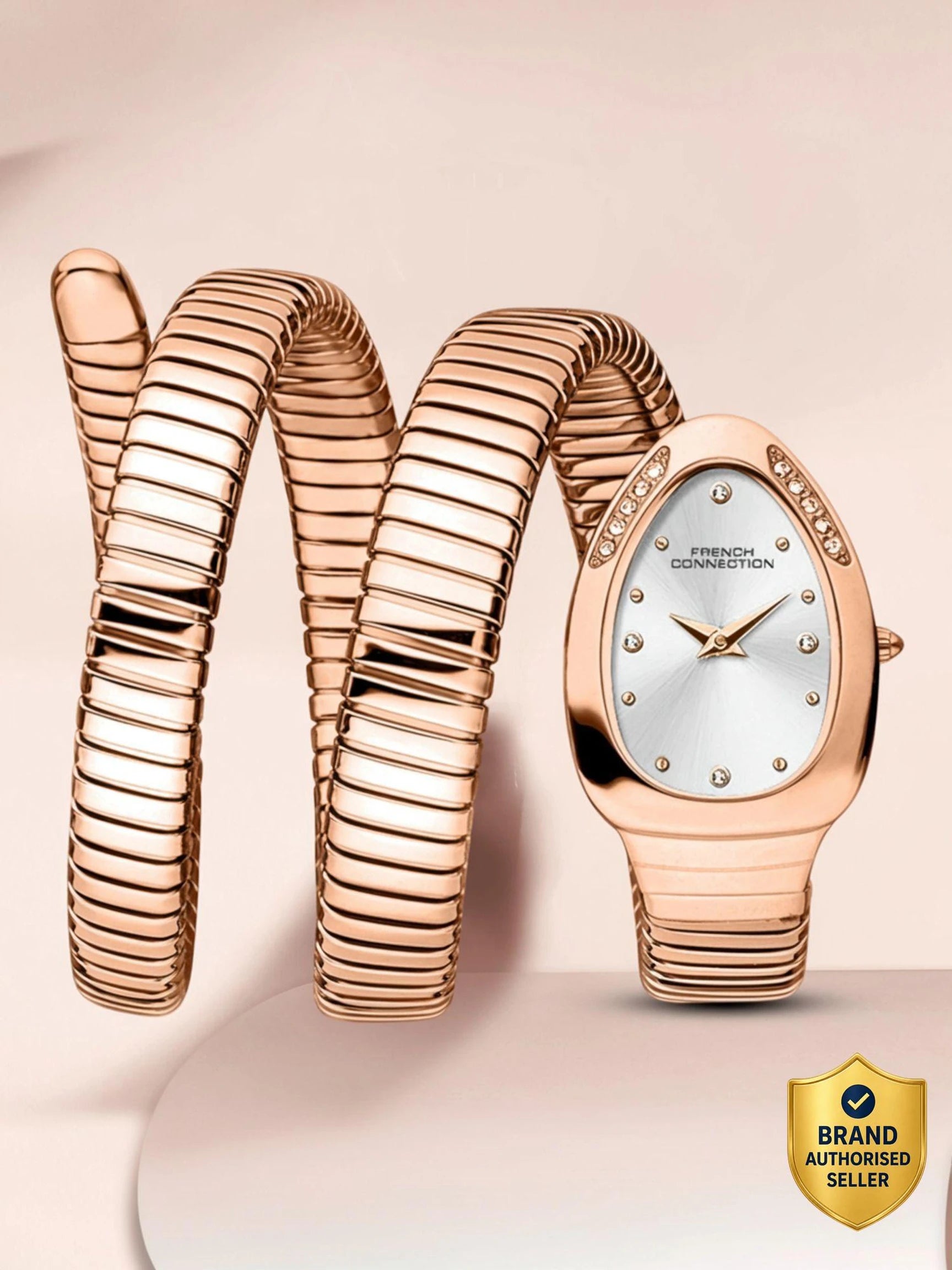 French Connection The Mystic Curve Women's Rose Gold Watch | Rhinestones Silver Sunray Dial Analog Watch – For Women FCN0110SRGM