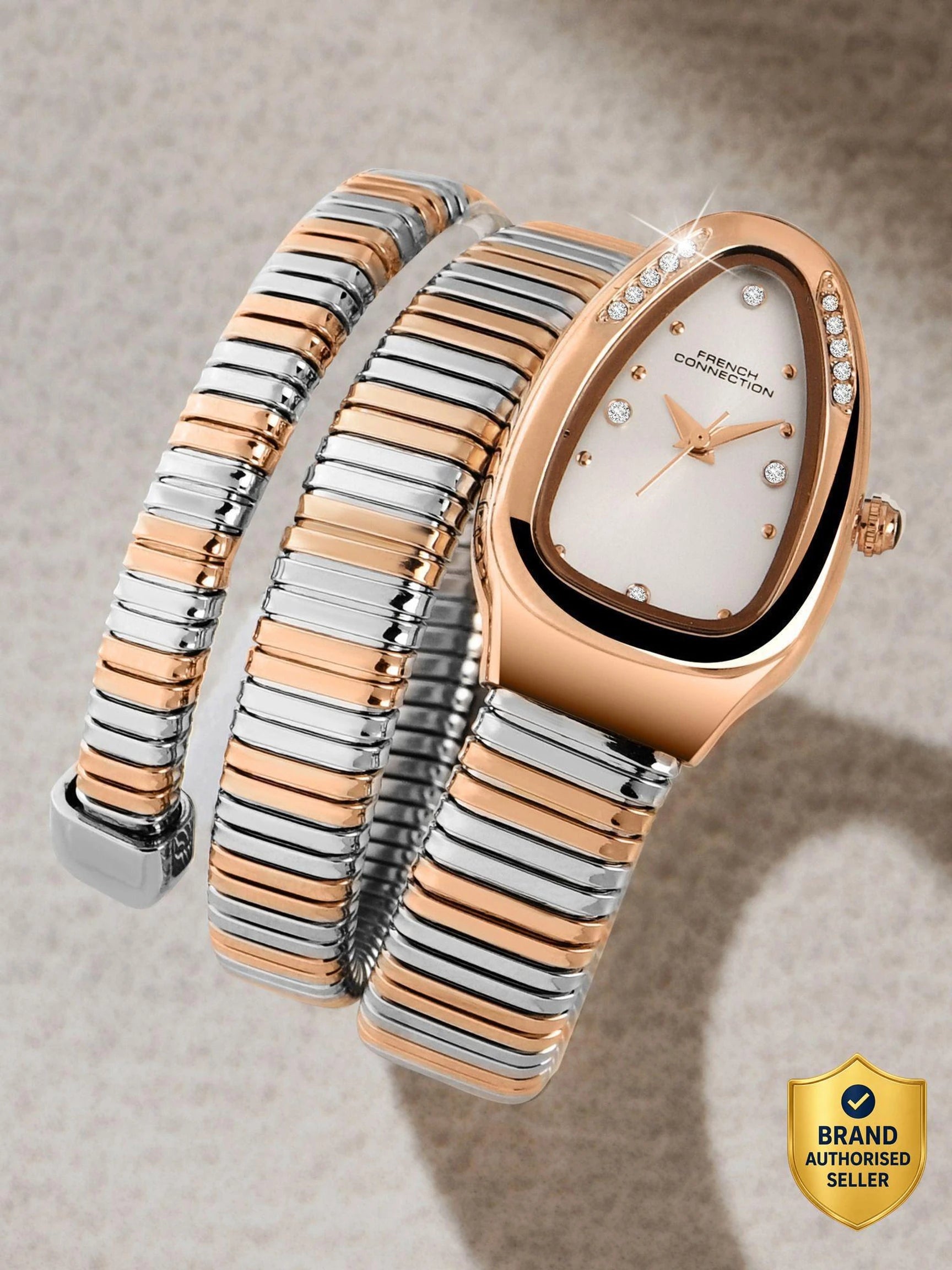 French Connection The Mystic Curve Women's Rose Gold Watch | Rhinestones Silver Sunray Dial Analog Watch – For Women FCN0110SRTM