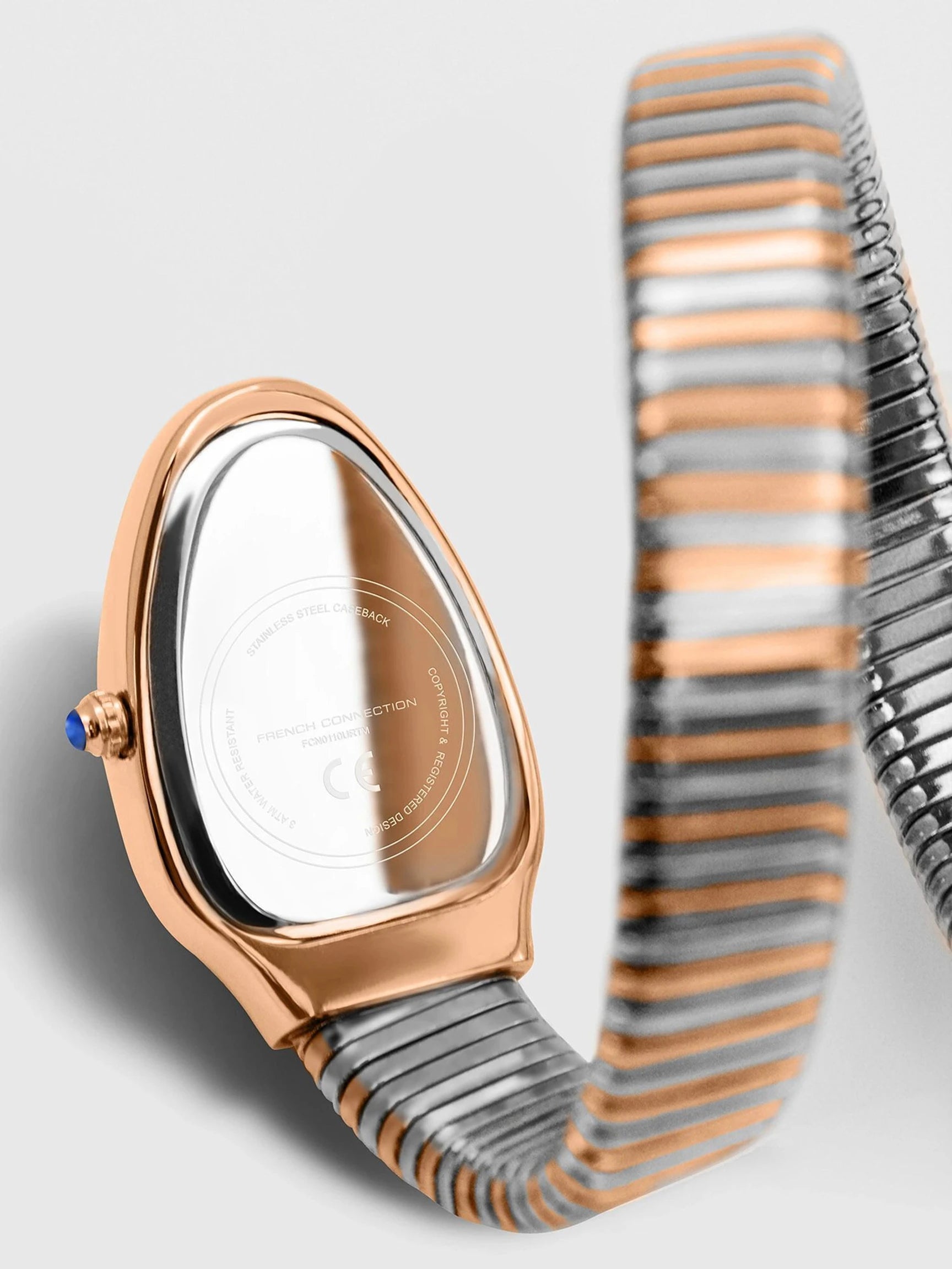 French Connection The Mystic Curve Women's Rose Gold Watch | Rhinestones Blue Sunray Dial Analog Watch – For Women FCN0110URTM