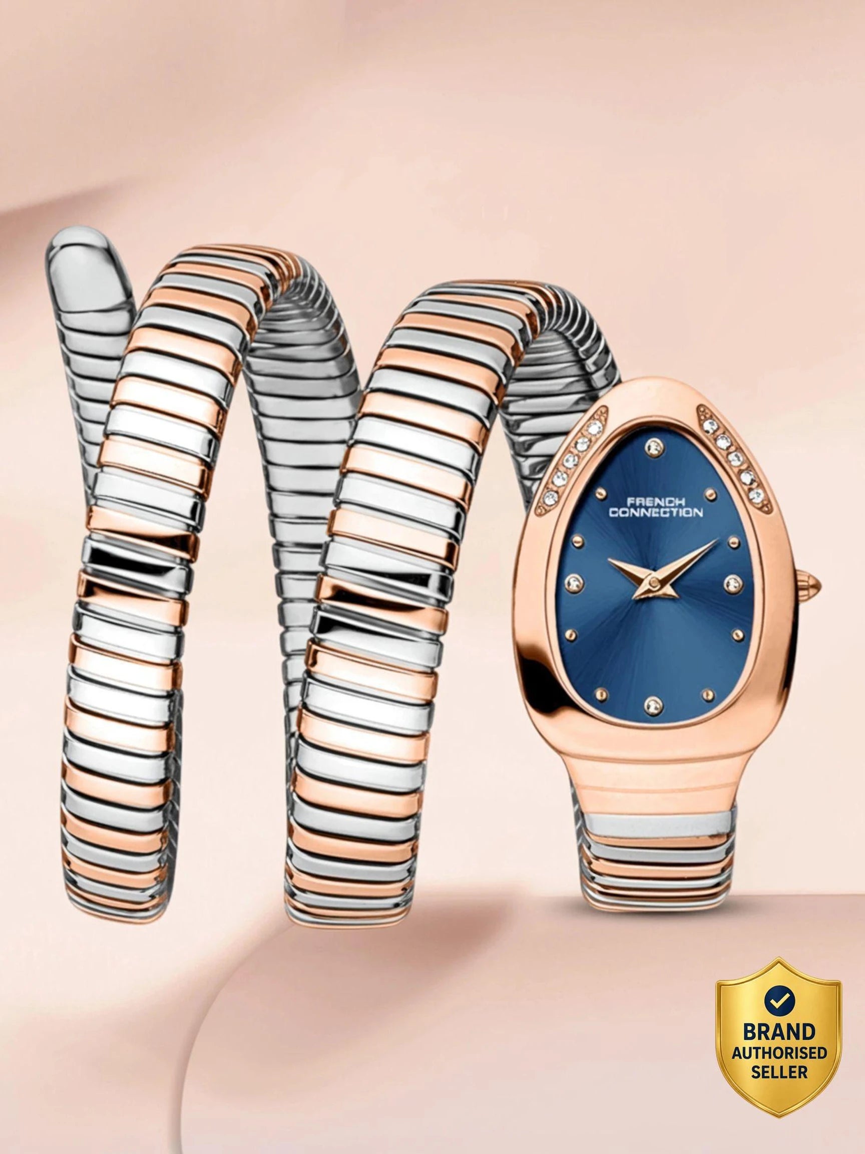 French Connection The Mystic Curve Women's Rose Gold Watch | Rhinestones Blue Sunray Dial Analog Watch – For Women FCN0110URTM