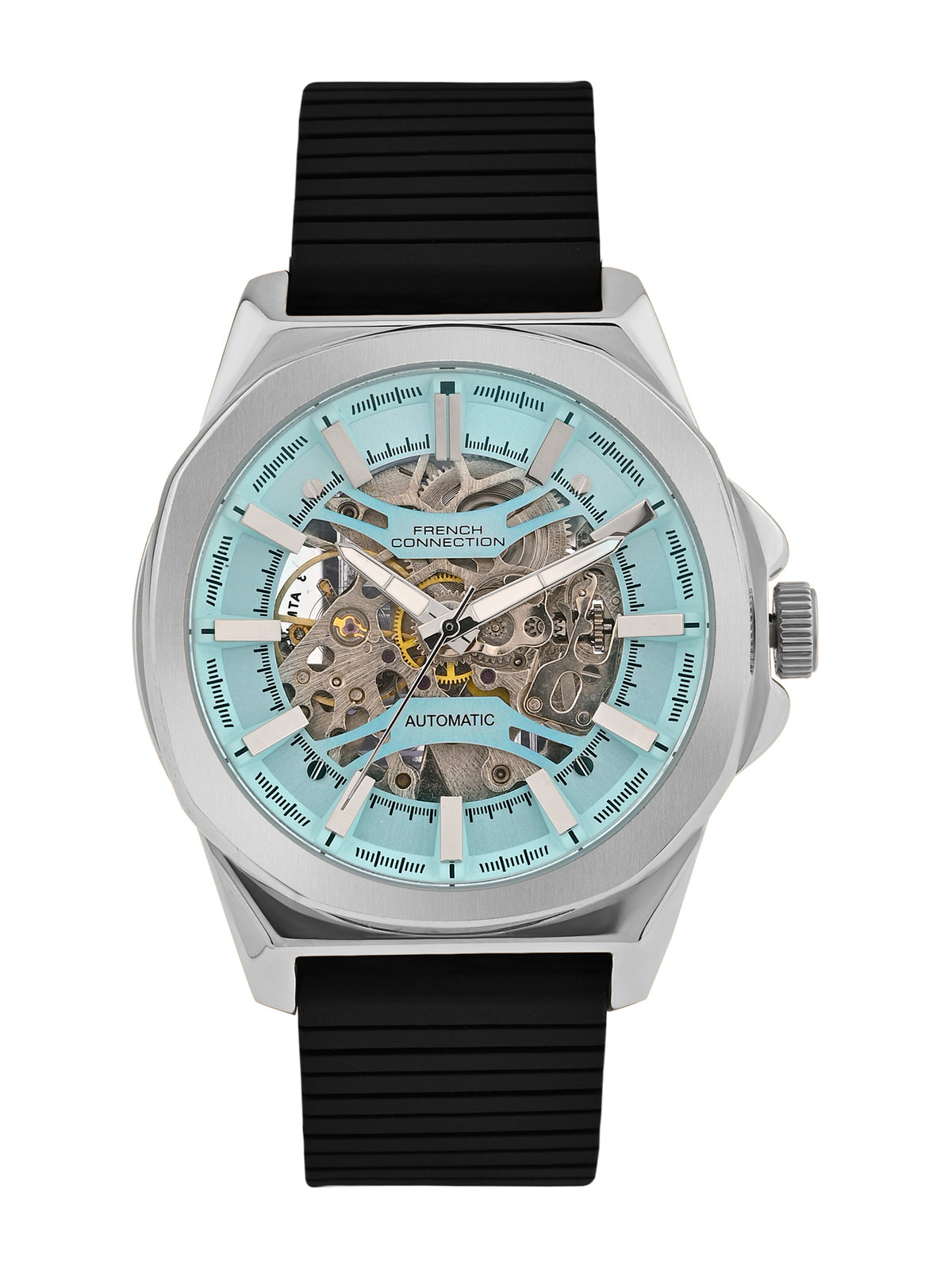 French Connection See Through Blue Round Dial With Black Silicone Strap Automatic Watch - For Mens FCA23UBL