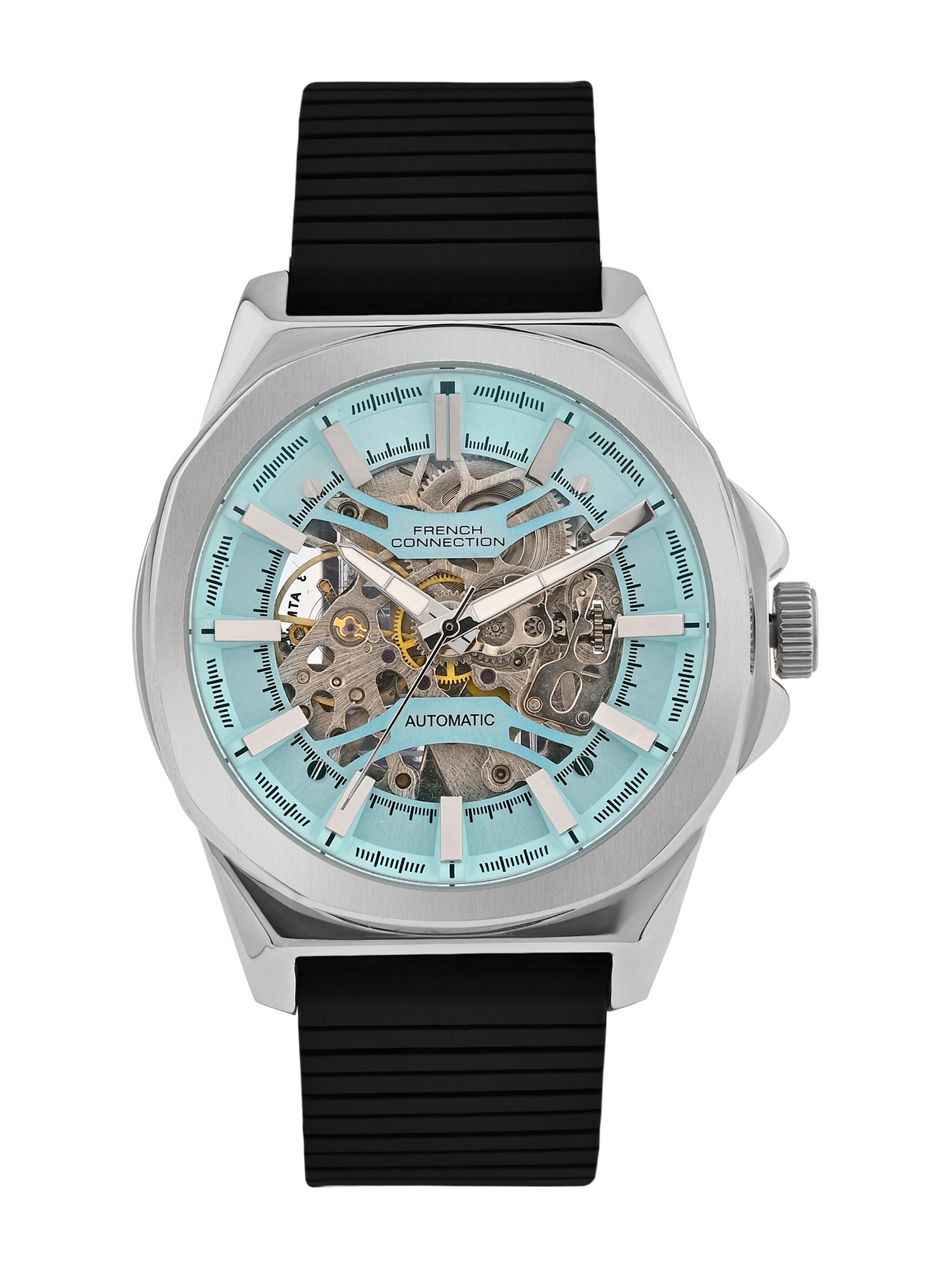 French Connection See Through Blue Round Dial With Black Silicone Strap Automatic Watch - For Mens FCA23UBL