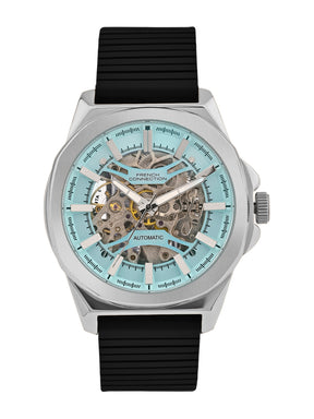 French Connection See Through Blue Round Dial With Black Silicone Strap Automatic Watch - For Mens FCA23UBL