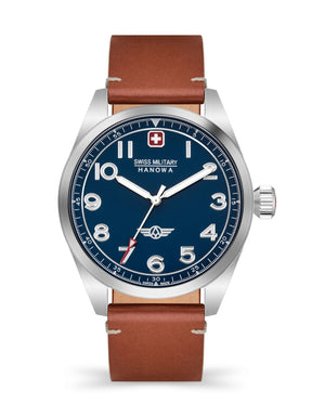 SMWGA2100402 Swiss Made Men's Watch with Blue Dial & Brown Genuine Leather Strap