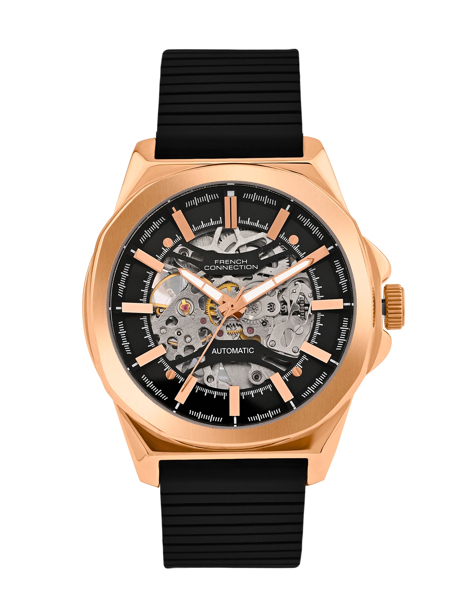 French Connection See Through Black Round Dial With Silicone Strap Automatic Watch - For Mens FCA23RBL