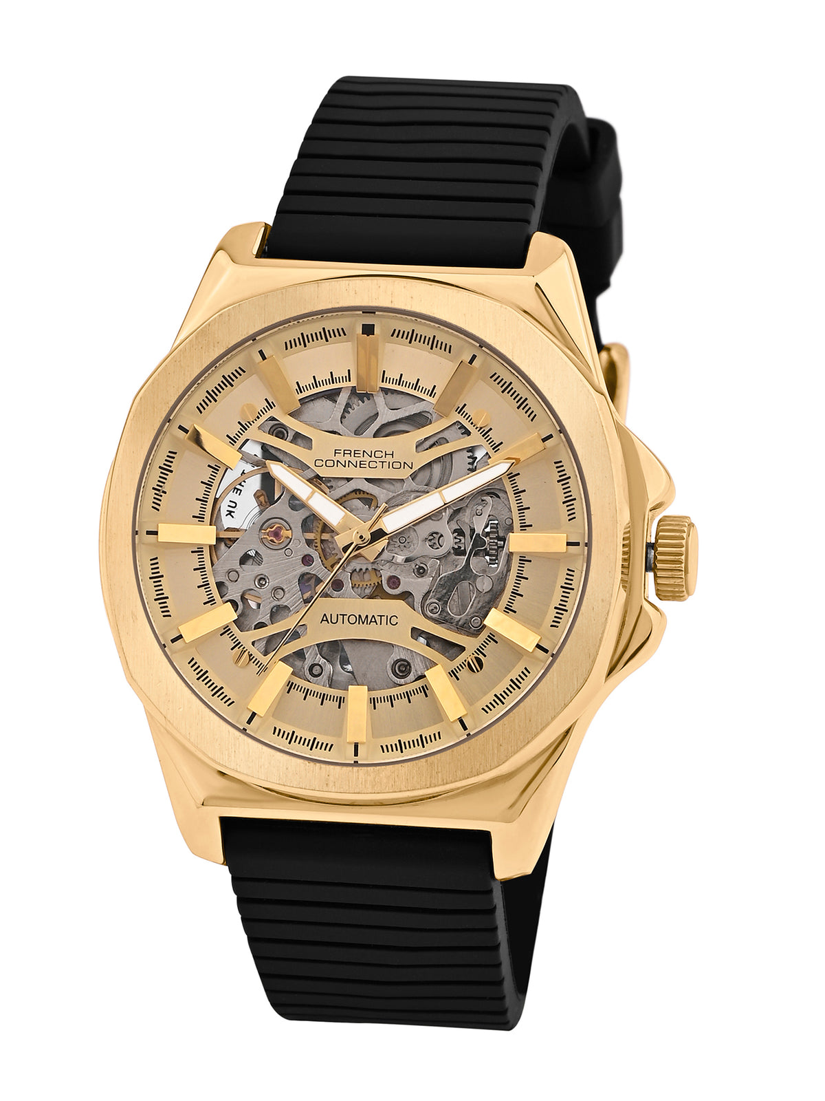 French Connection See Through Champagne Round Dial With Black Silicone Strap Automatic Watch - For Mens FCA23SBL