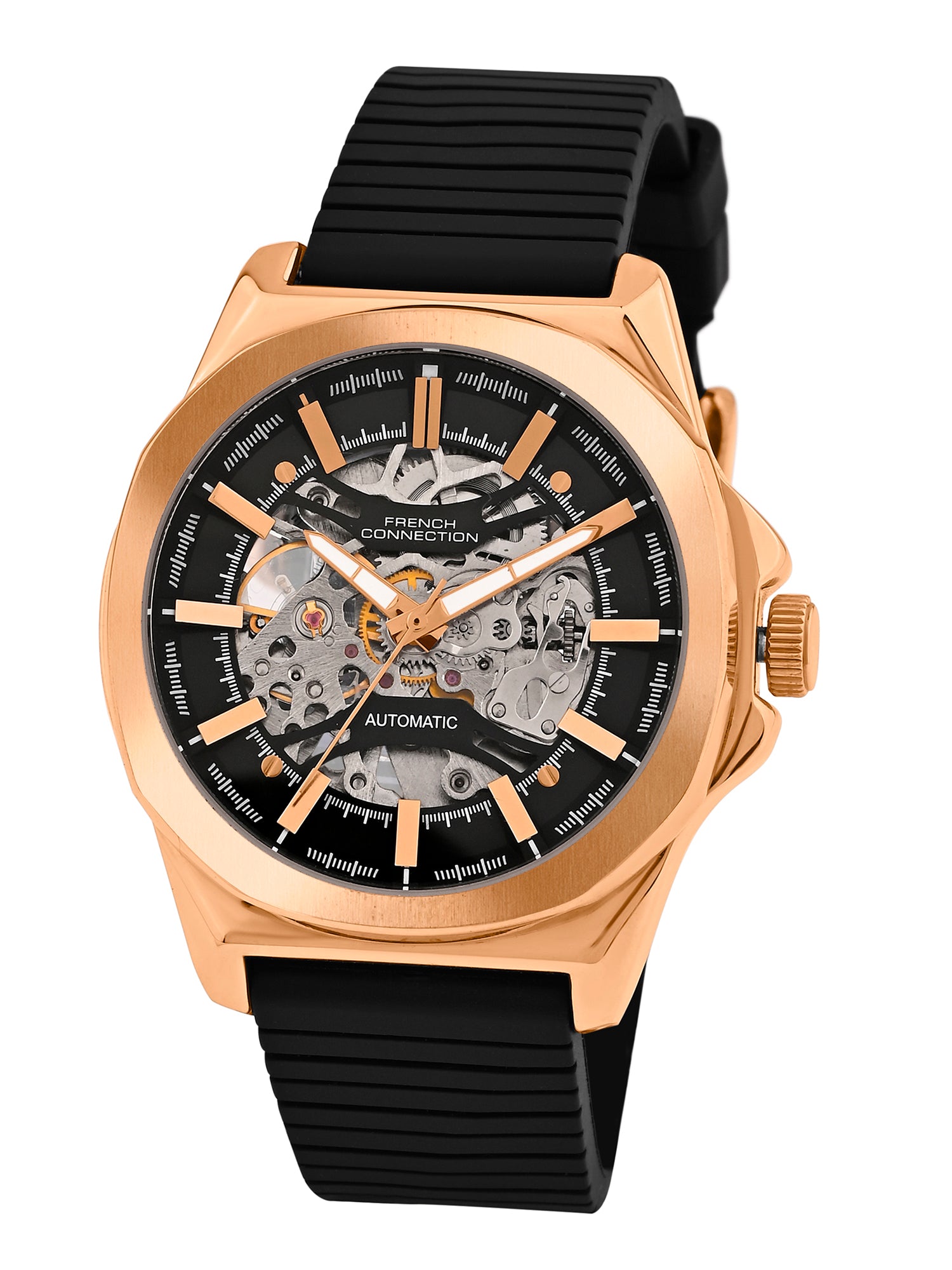 French Connection See Through Black Round Dial With Silicone Strap Automatic Watch - For Mens FCA23RBL