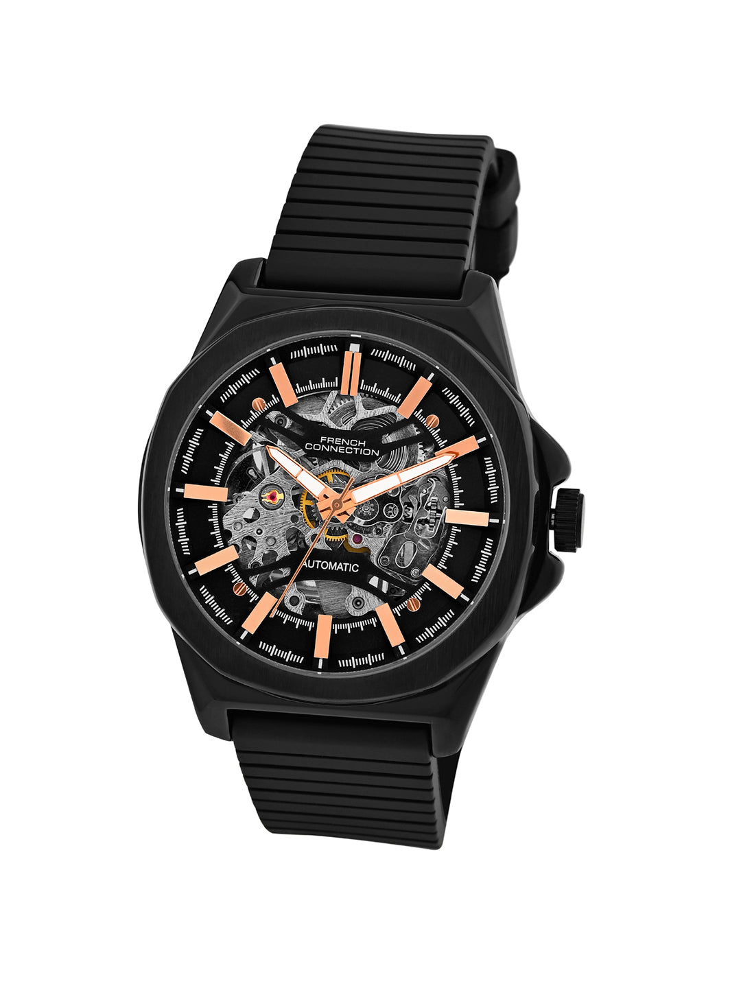 French Connection See Through Black Round Dial With Silicone Strap Automatic Watch - For Mens FCA23BBL