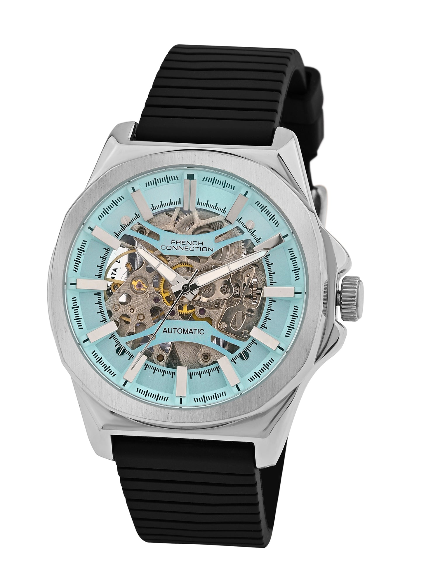 French Connection See Through Blue Round Dial With Black Silicone Strap Automatic Watch - For Mens FCA23UBL