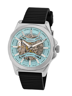 French Connection See Through Blue Round Dial With Black Silicone Strap Automatic Watch - For Mens FCA23UBL