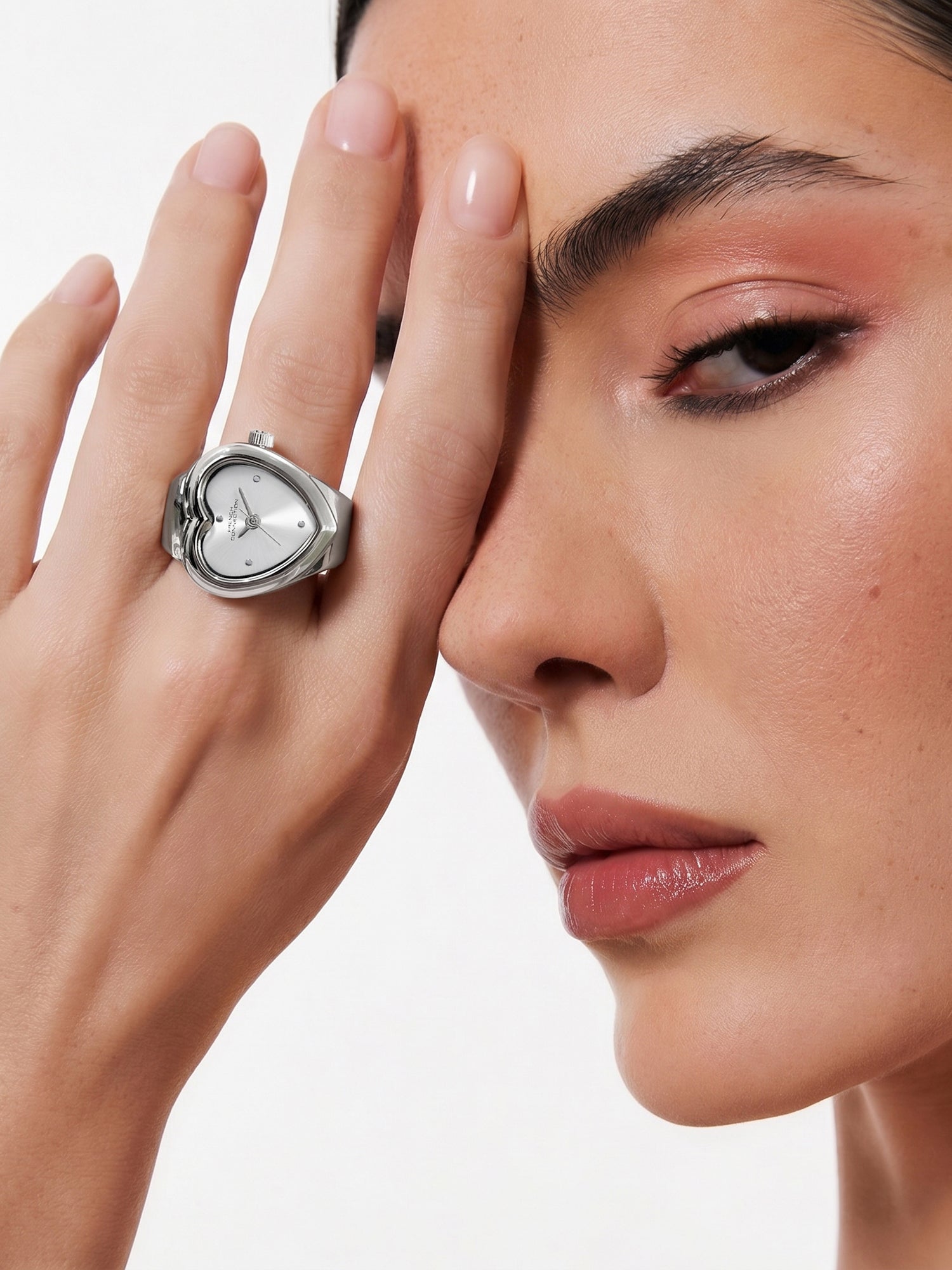 French Connection Women's Sunray Silver Dial Analog Ring Watch FCR04SM | Silver-Tone Round Case