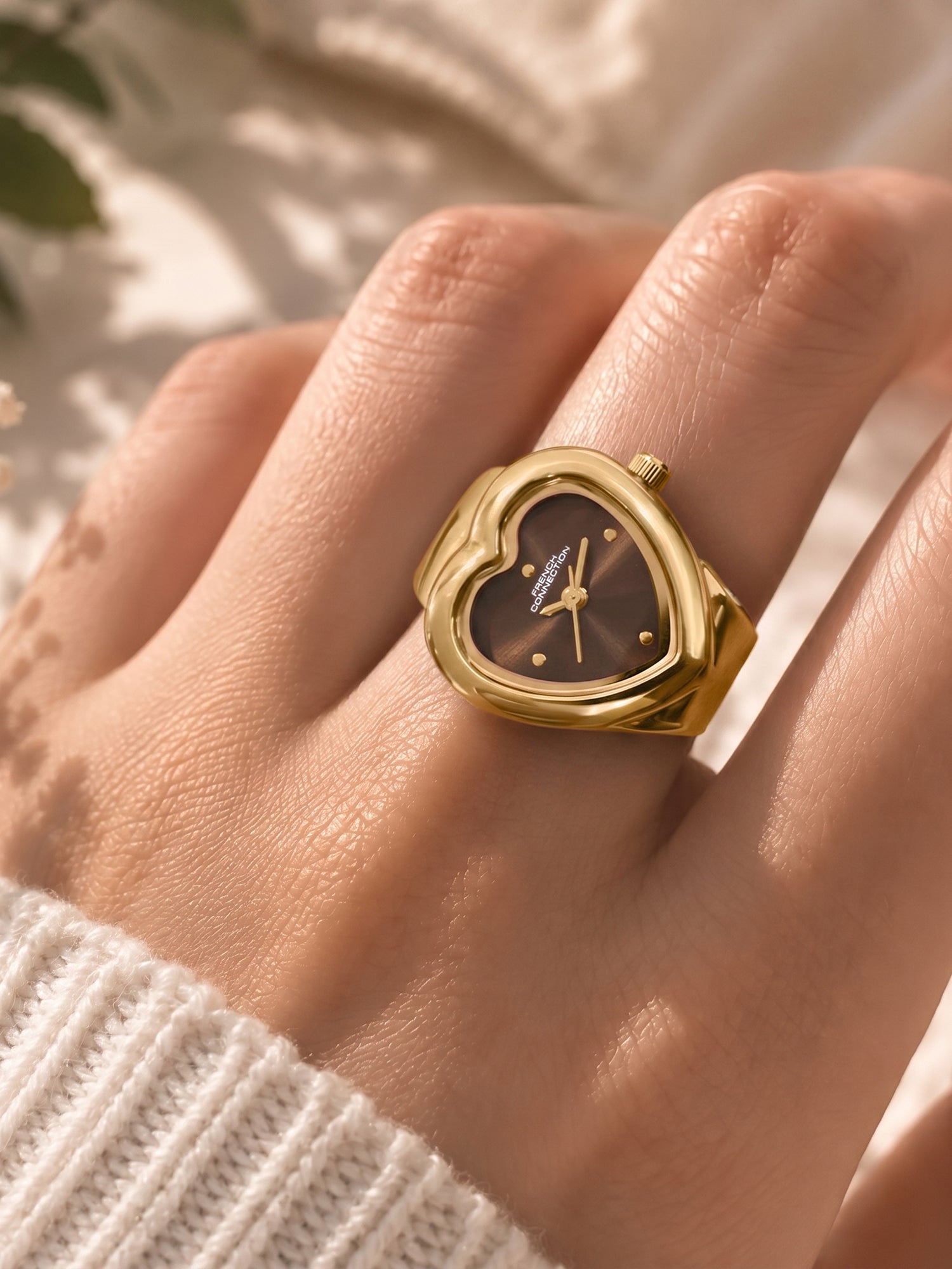 French Connection Women's Sunray Brown Rose Gold Dial Analog Ring Watch FCR04BRGM | Two-Tone Round Case