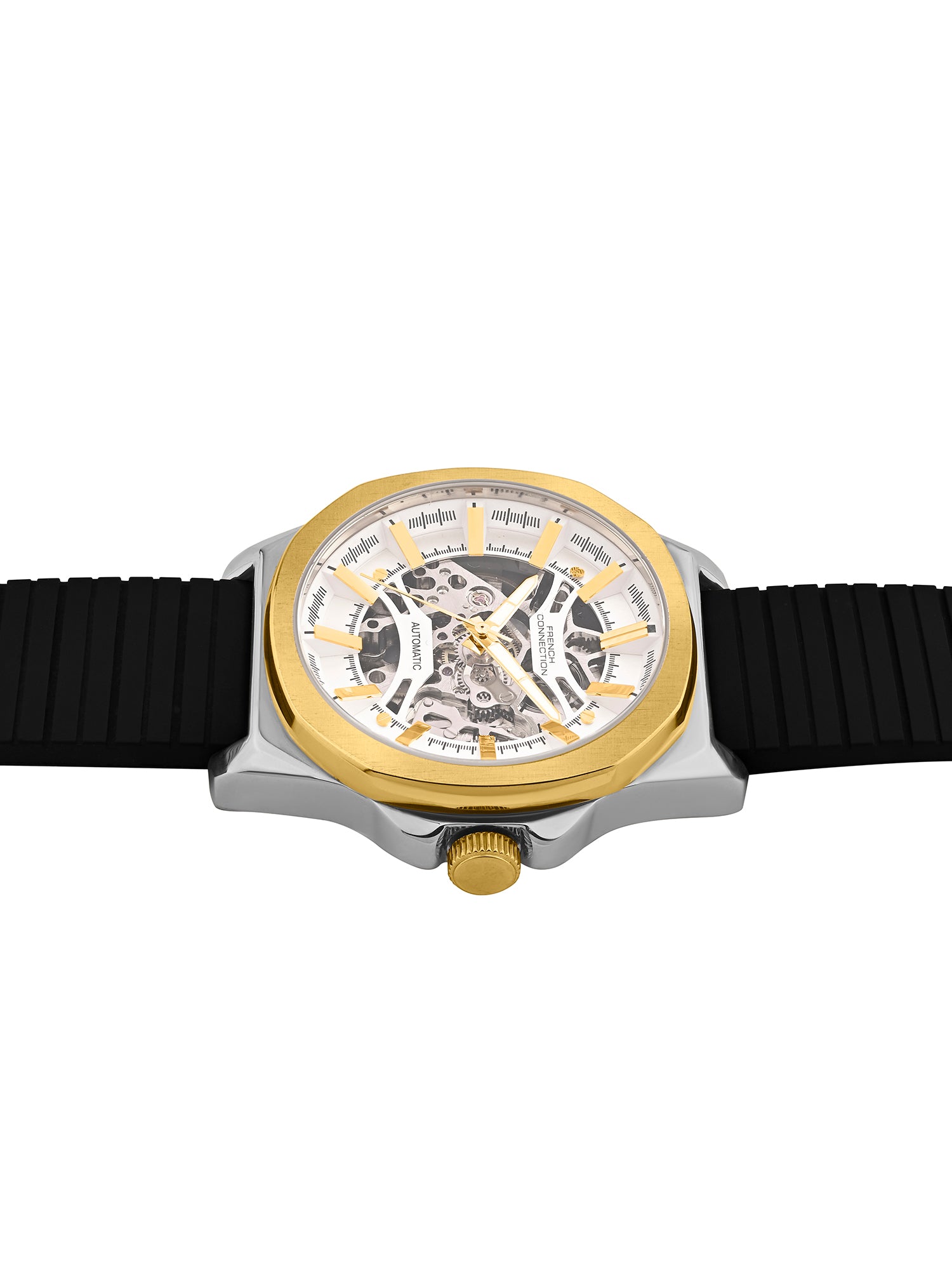 French Connection See Through Silver Round Dial With Black Silicone Strap Automatic Watch - For Mens FCA23BL