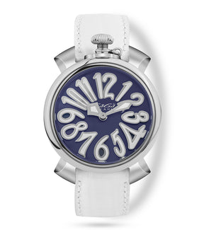 GaGà Milano Blue MOP Round Dial having a silver Case with a White Fuxia Tejus Leather Strap Watch for women - 5000MN01S0LTWH0