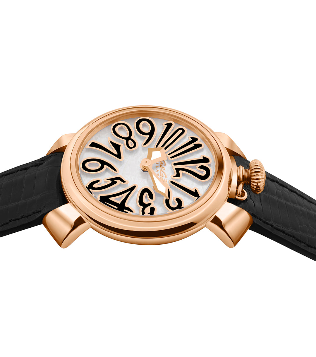 GaGà Milano White MOP Round Dial having a Rose Gold Case with a Black Fuxia Tejus Leather Strap Watch for women - 5001MN01R0LTBK0