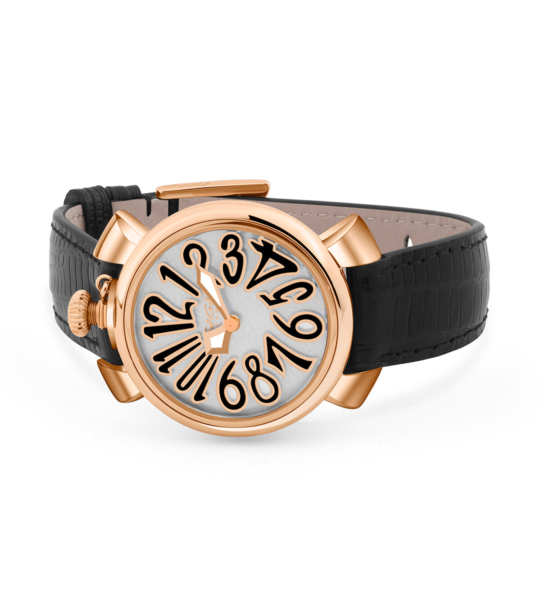GaGà Milano White MOP Round Dial having a Rose Gold Case with a Black Fuxia Tejus Leather Strap Watch for women - 5001MN01R0LTBK0