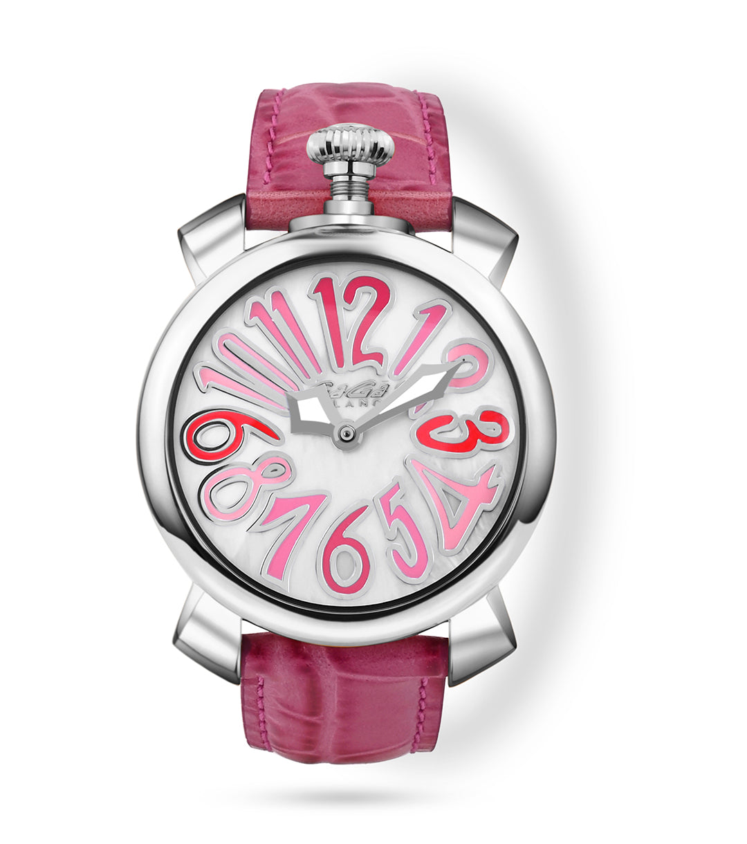 GaGà Milano Mother of Pearl Round Dial having a Silver Case with a Pink Leather Strap Watch for women - 5020MN06S0LAFX0
