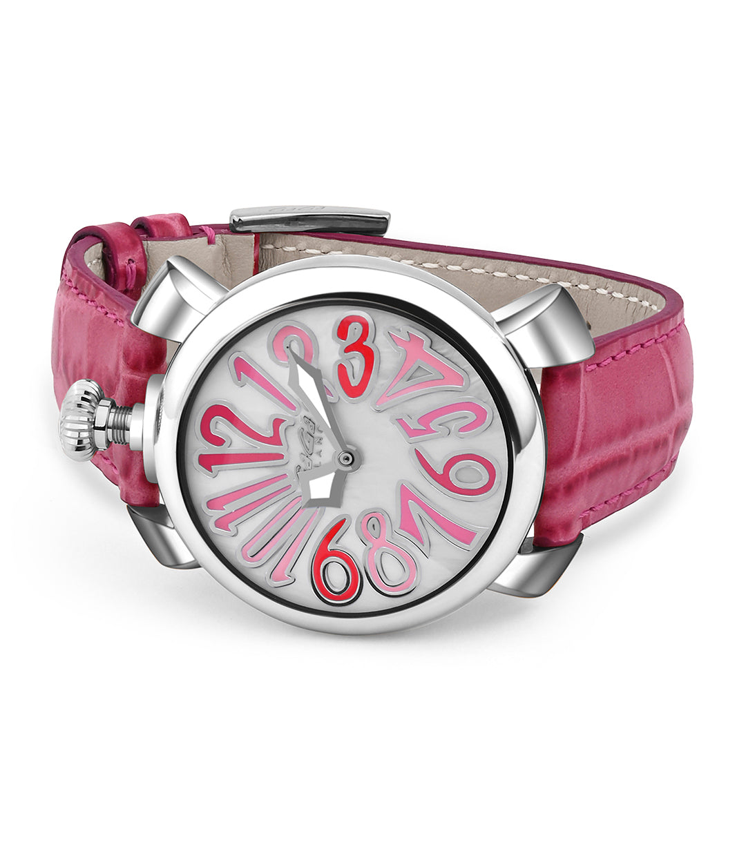 GaGà Milano Mother of Pearl Round Dial having a Silver Case with a Pink Leather Strap Watch for women - 5020MN06S0LAFX0