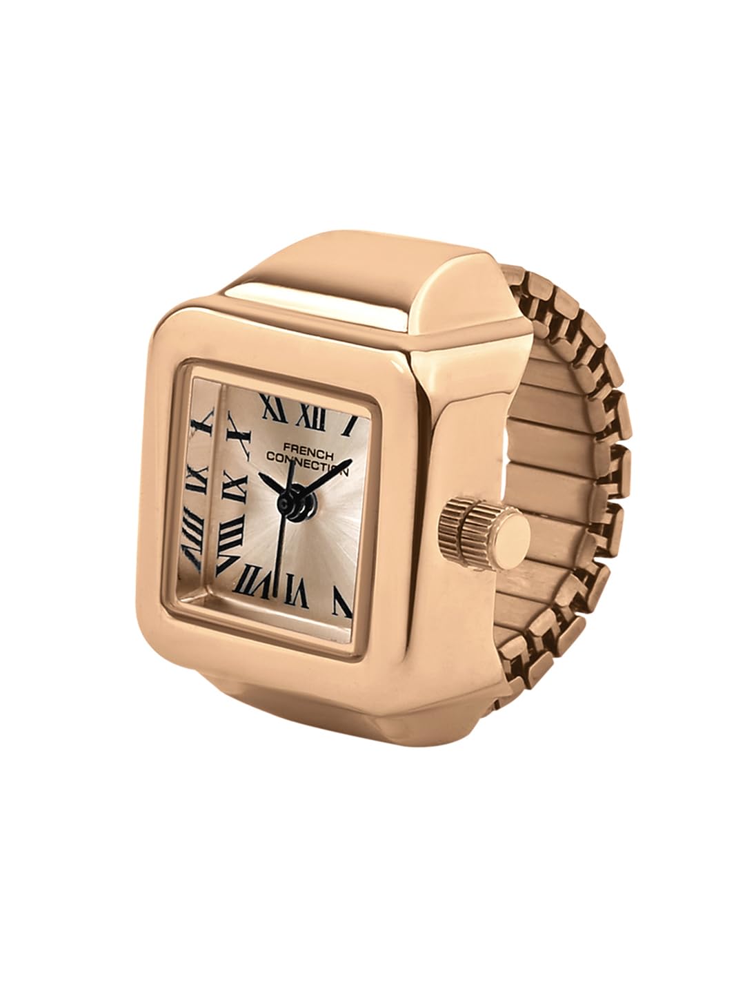 French Connection Women's Sunray Rose Gold Dial Analog Ring Watch FCR03RGM | Square Ring Case