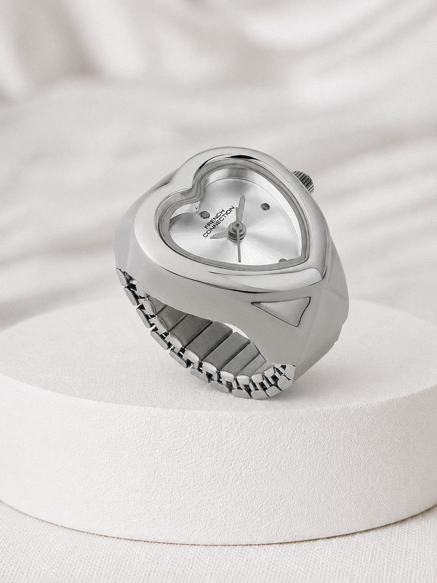 French Connection Women's Sunray Silver Dial Analog Ring Watch FCR04SM | Silver-Tone Round Case