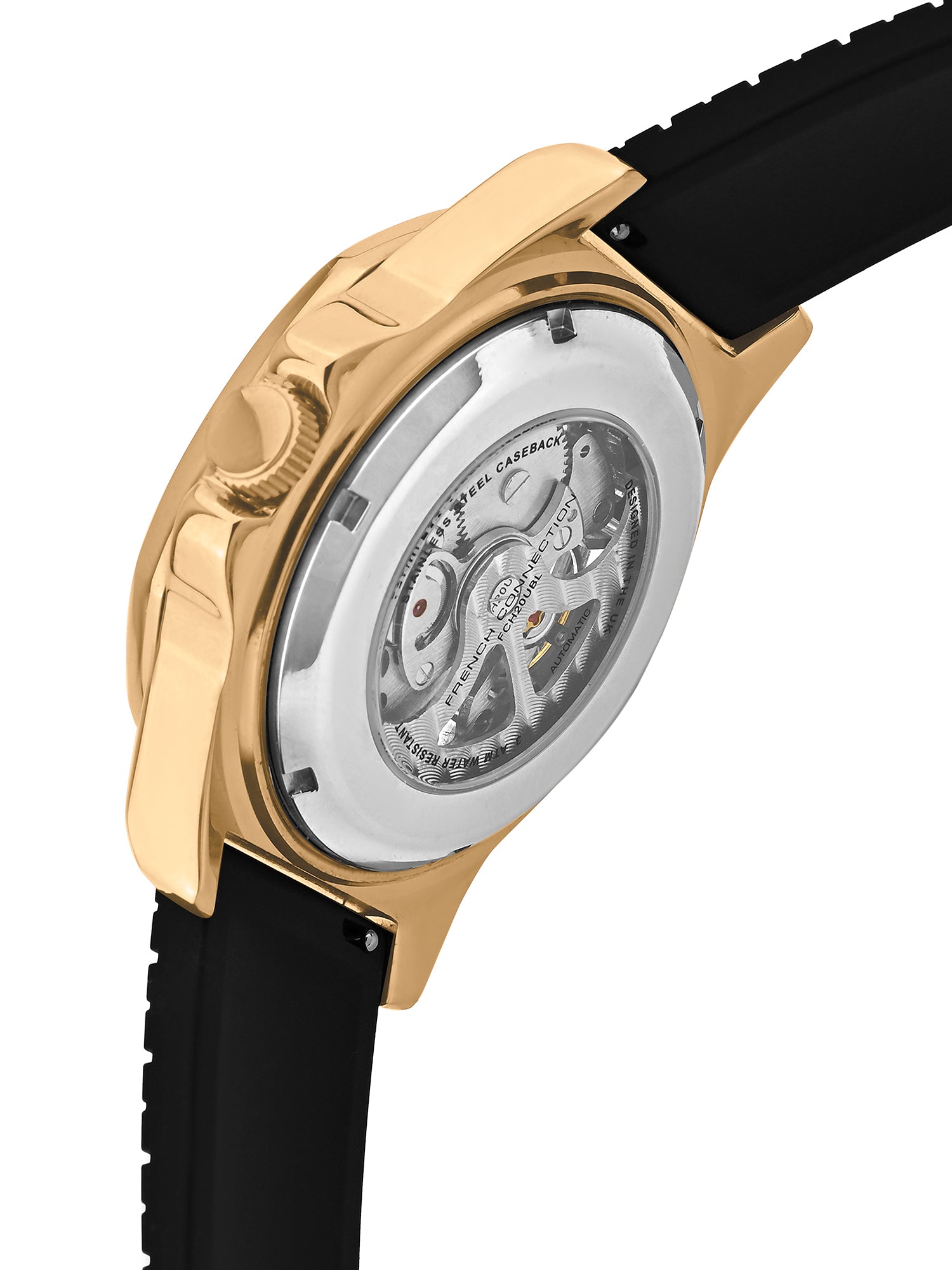 French Connection See Through Champagne Round Dial With Black Silicone Strap Automatic Watch - For Mens FCA23SBL