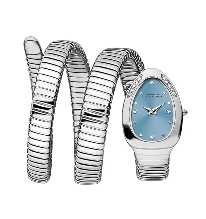 French Connection The Mystic Curve Women's Silver  Watch | Rhinestones Blue Sunray Dial Analog Watch – For Women FCN0110SM