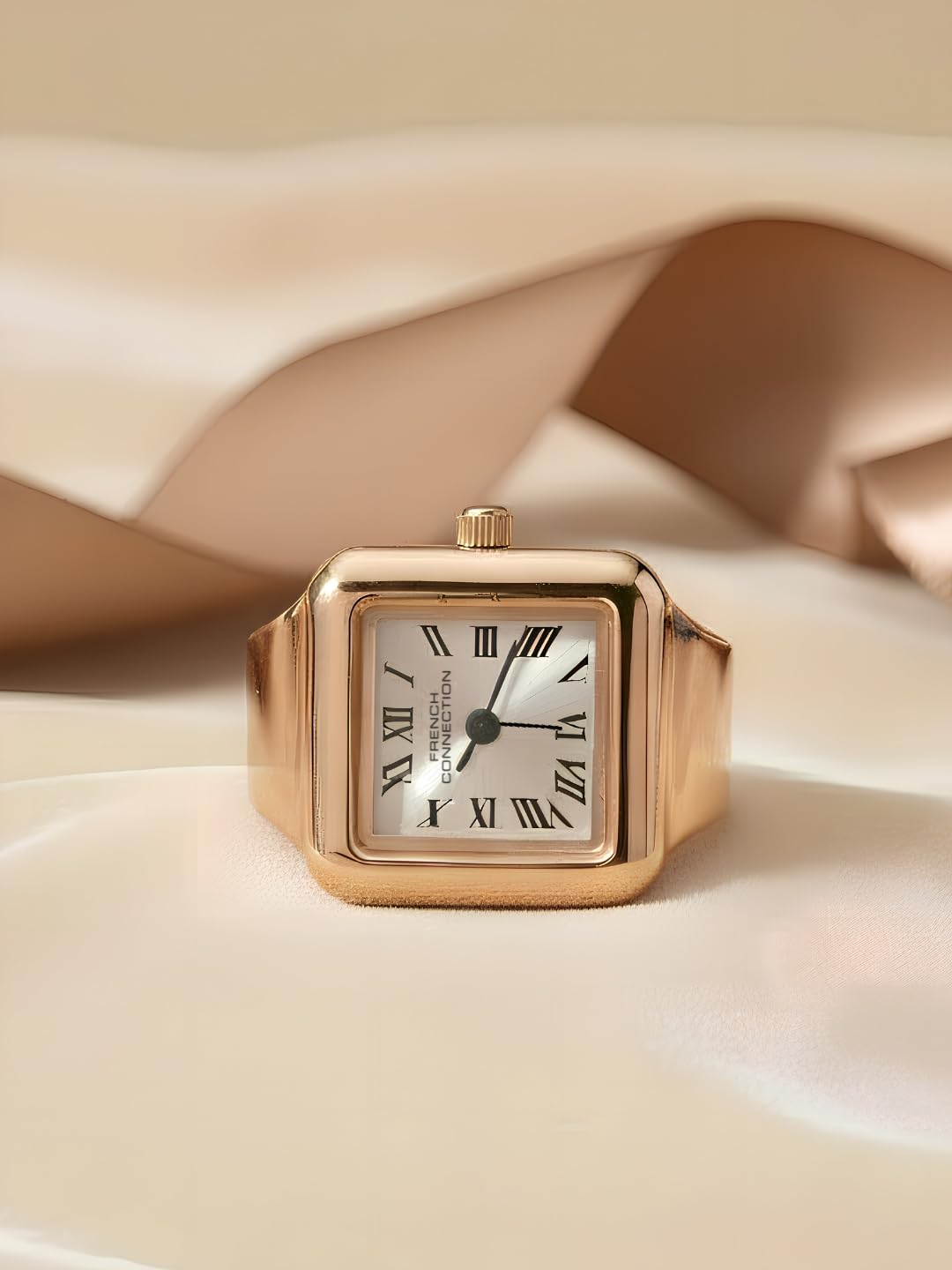 French Connection Women's Sunray Rose Gold Dial Analog Ring Watch FCR03RGM | Square Ring Case