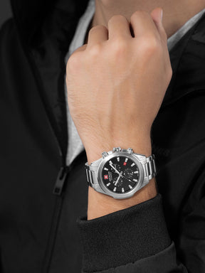 SMWGI0001901 Swiss Made Men's Chronograph Watch with Black Dial & Silver Stainless Steel Bracelet