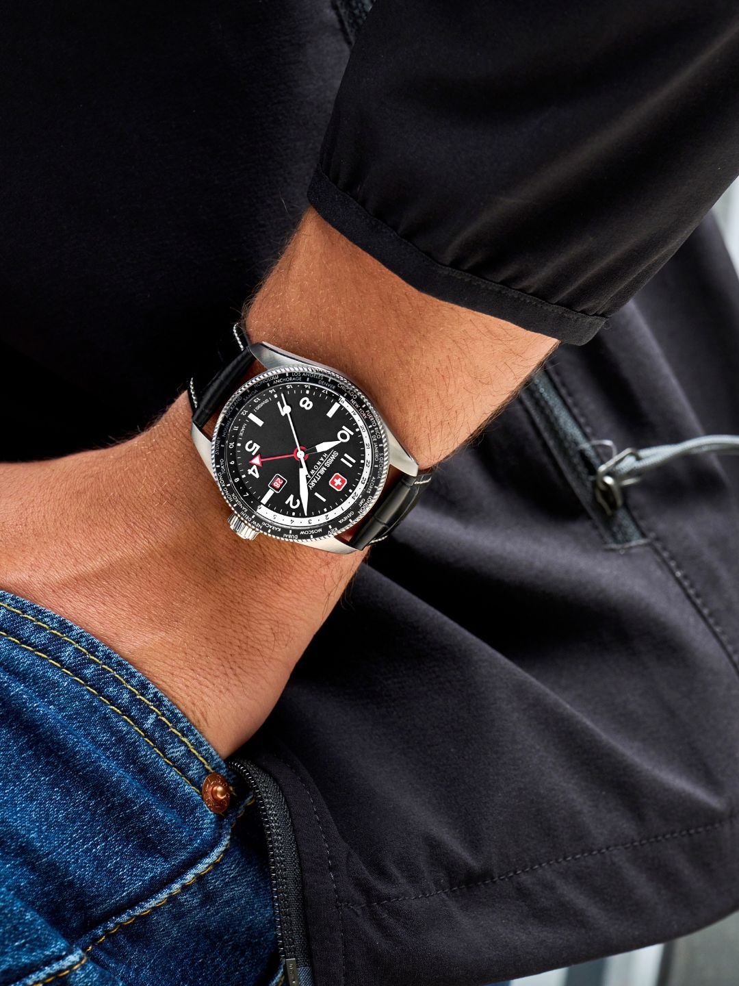 SMWGB0000504 Men's Quartz Watch with Black Dial & Black Genuine Leather Strap