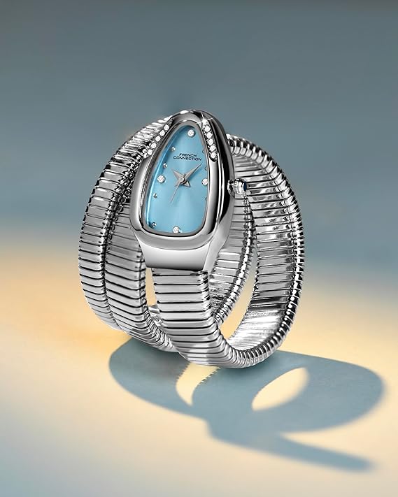 French Connection The Mystic Curve Women's Silver  Watch | Rhinestones Blue Sunray Dial Analog Watch – For Women FCN0110SM