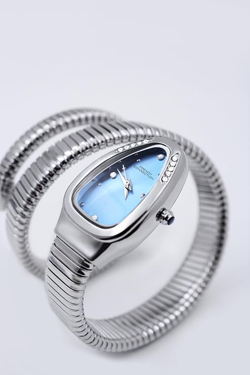 French Connection The Mystic Curve Women's Silver  Watch | Rhinestones Blue Sunray Dial Analog Watch – For Women FCN0110SM