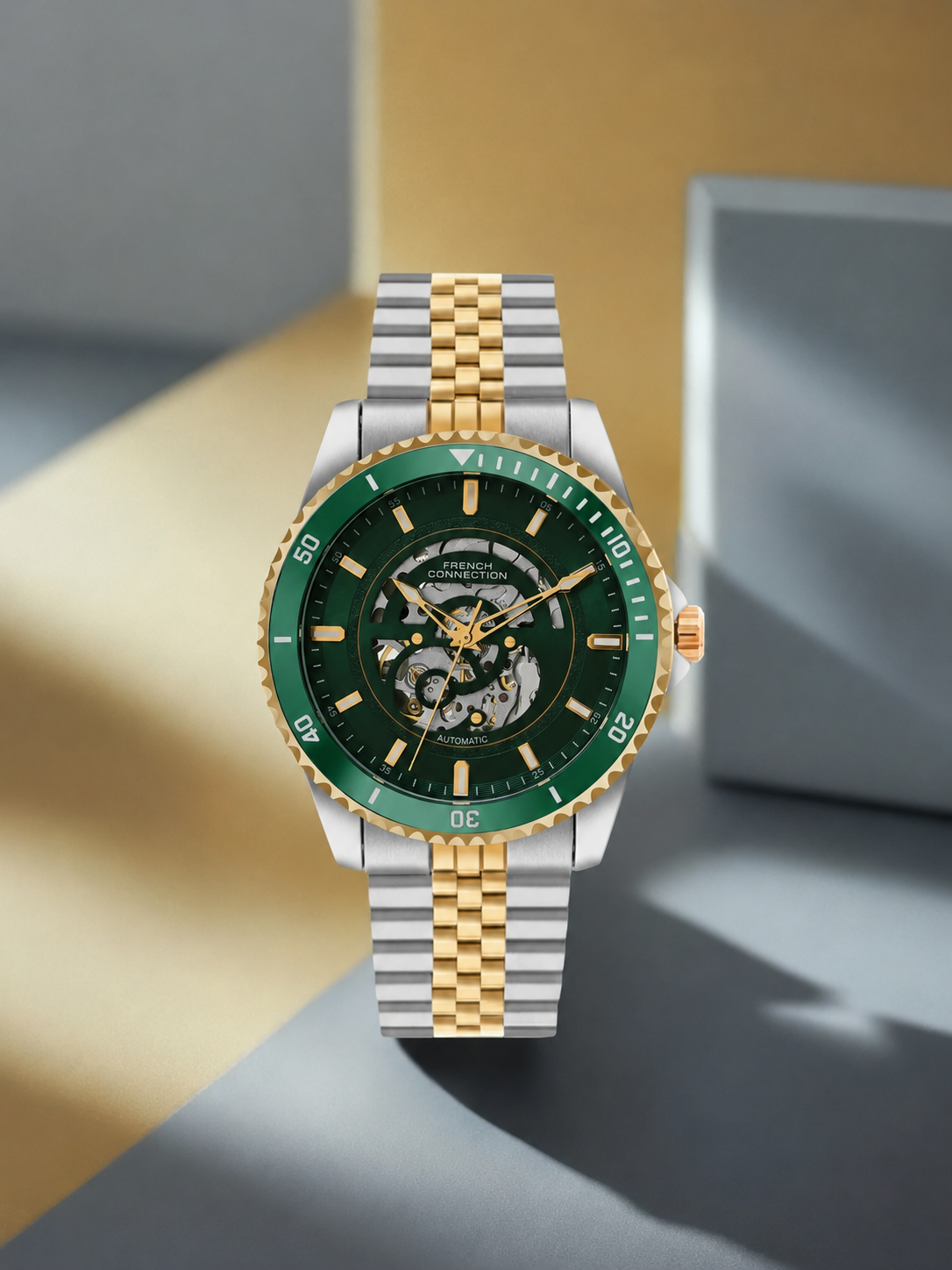 French Connection Aether Drive Men's Automatic Skeleton Watch with Green Sunray Dial, Gold Stainless Steel Bracelet & Exhibition Case Back – FCA26NTM