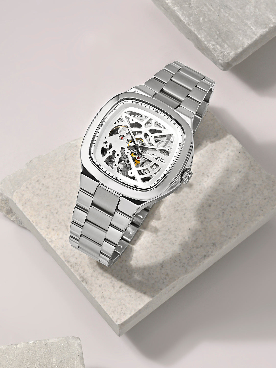 French Connection See Through Silver Square Dial With Stainless Steel Strap Automatic Watch - For Mens FCA16SM
