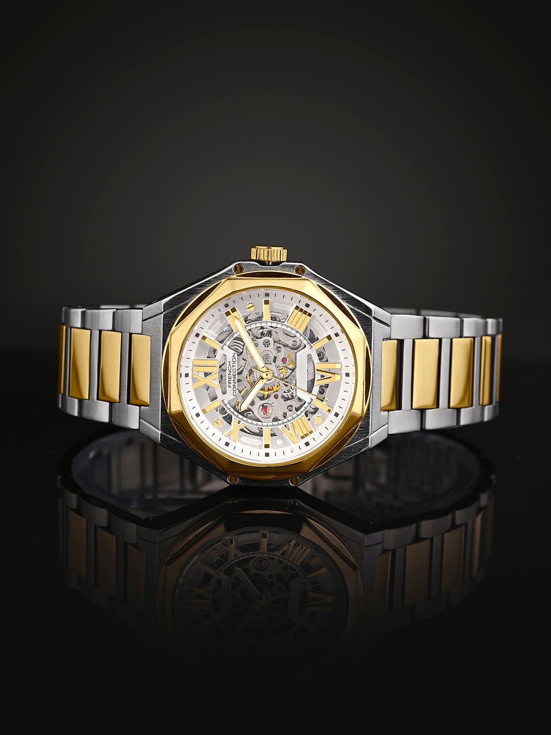 French Connection See Through Silver Round Dial With Gold Two Tone Stainless Steel  Strap Automatic Watch - For Mens FCA17TM