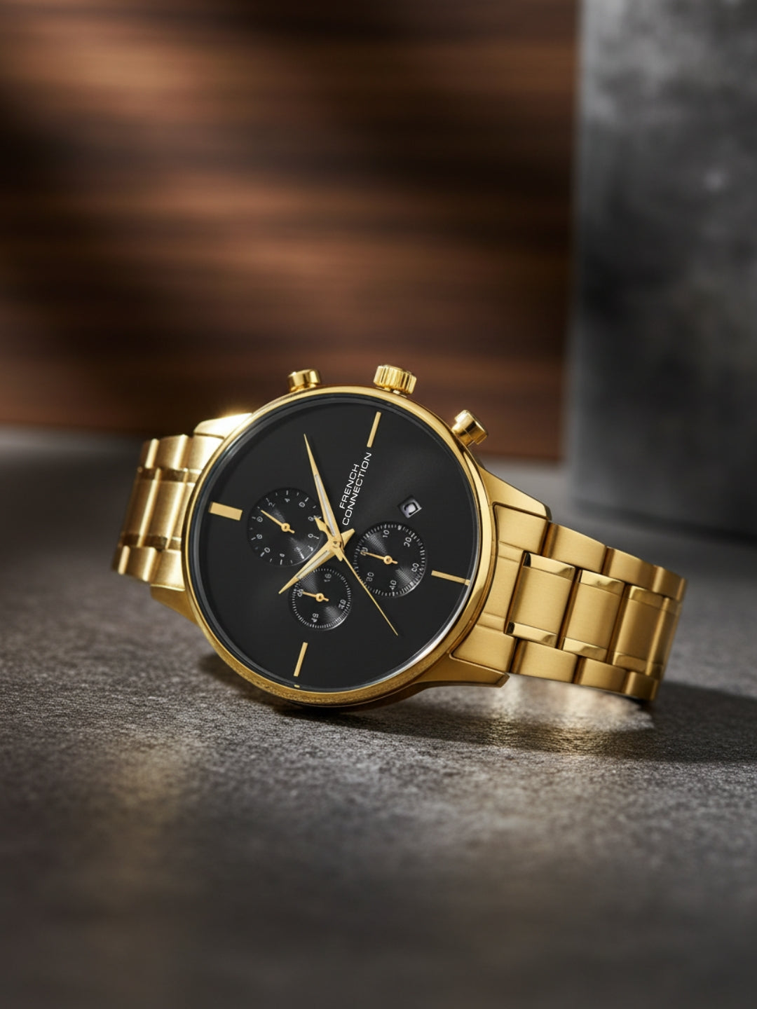 French Connection Black Embossed Round Dial With Gold Stainless Steel Strap Chronograph Watch - For Mens FCO5GM