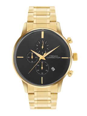 French Connection Black Embossed Round Dial With Gold Stainless Steel Strap Chronograph Watch - For Mens FCO5GM