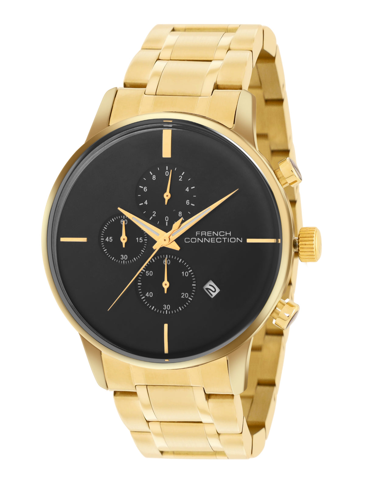 French Connection Black Embossed Round Dial With Gold Stainless Steel Strap Chronograph Watch - For Mens FCO5GM