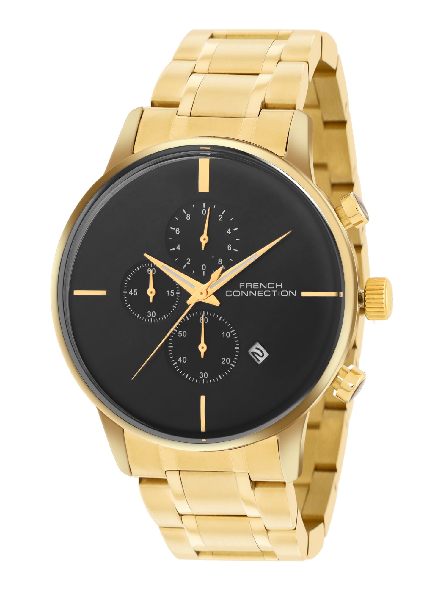 French Connection Black Embossed Round Dial With Gold Stainless Steel Strap Chronograph Watch - For Mens FCO5GM