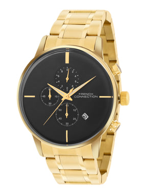 French Connection Black Embossed Round Dial With Gold Stainless Steel Strap Chronograph Watch - For Mens FCO5GM
