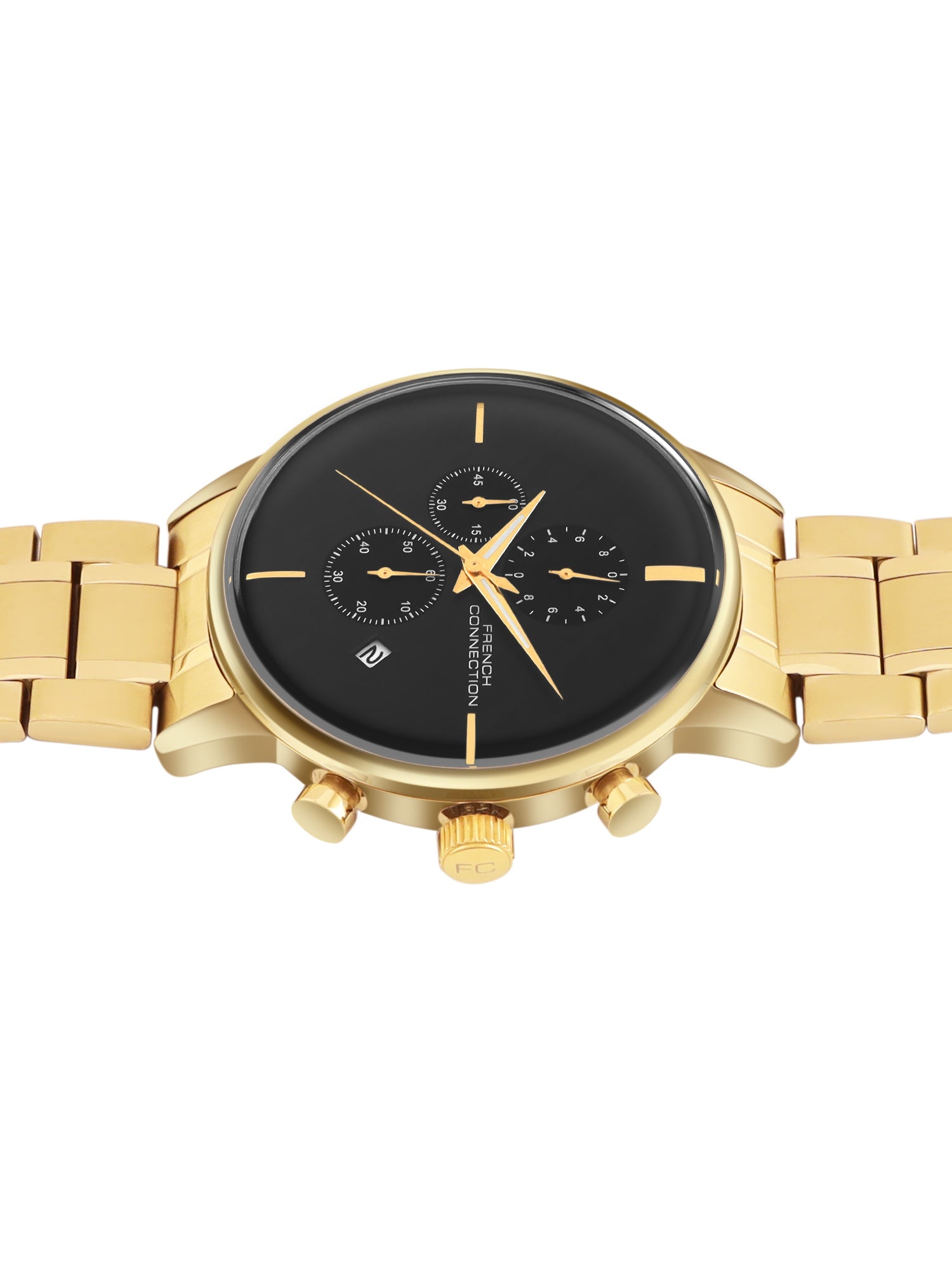 French Connection Black Embossed Round Dial With Gold Stainless Steel Strap Chronograph Watch - For Mens FCO5GM