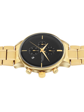 French Connection Black Embossed Round Dial With Gold Stainless Steel Strap Chronograph Watch - For Mens FCO5GM