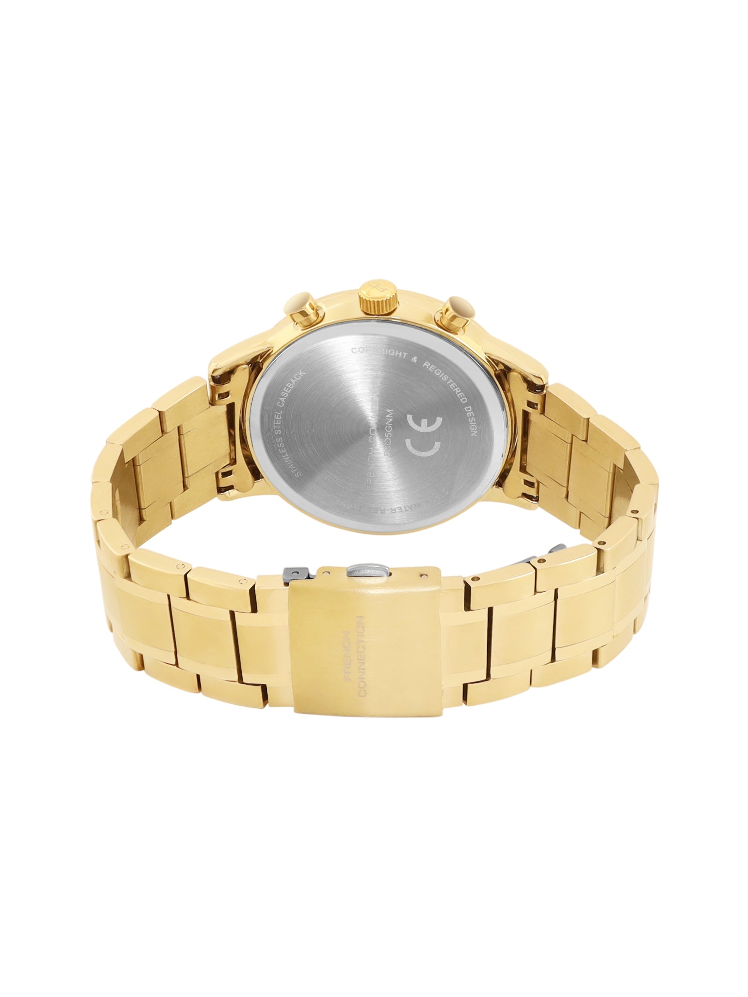 French Connection Black Embossed Round Dial With Gold Stainless Steel Strap Chronograph Watch - For Mens FCO5GM