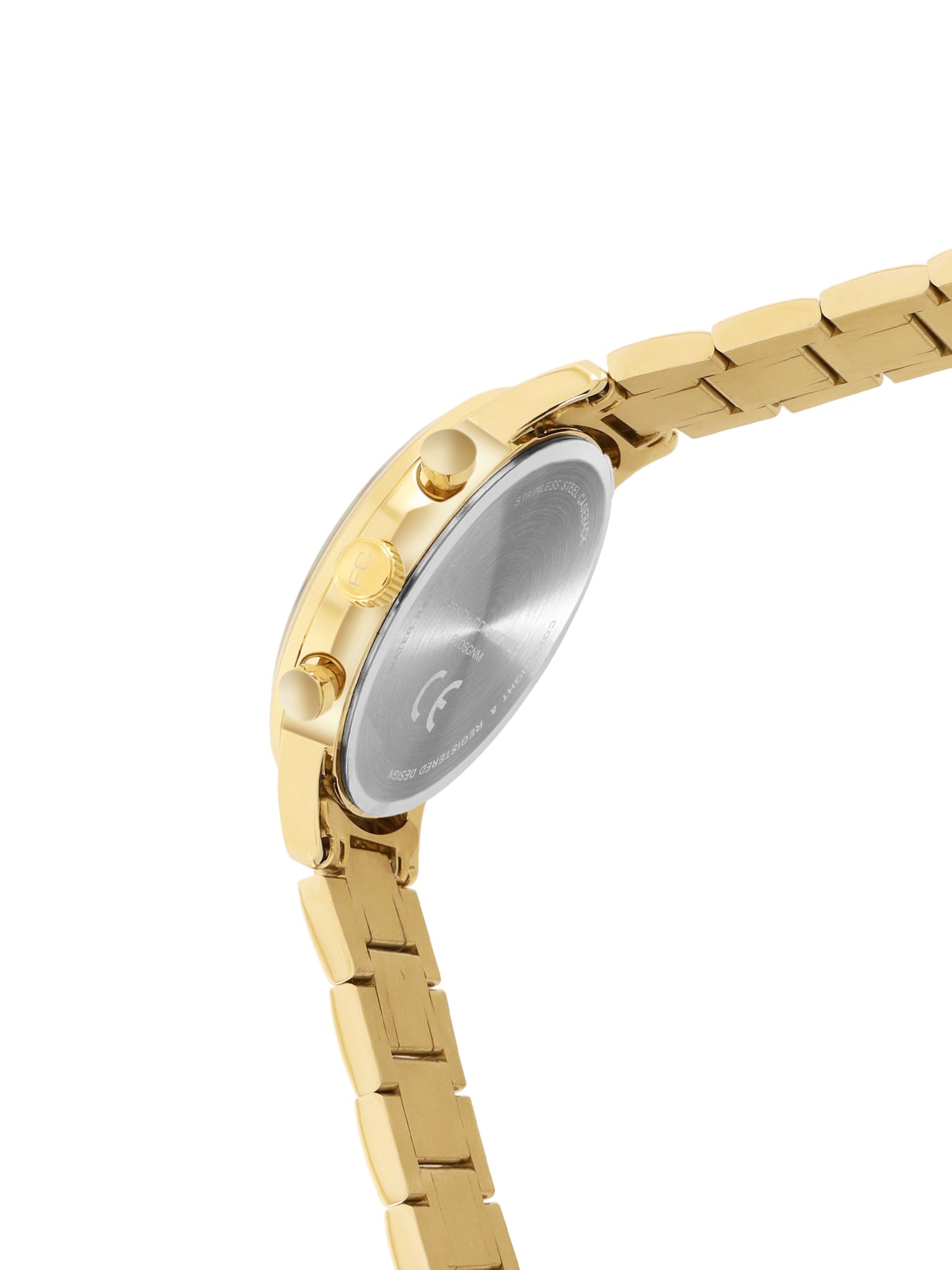 French Connection Black Embossed Round Dial With Gold Stainless Steel Strap Chronograph Watch - For Mens FCO5GM